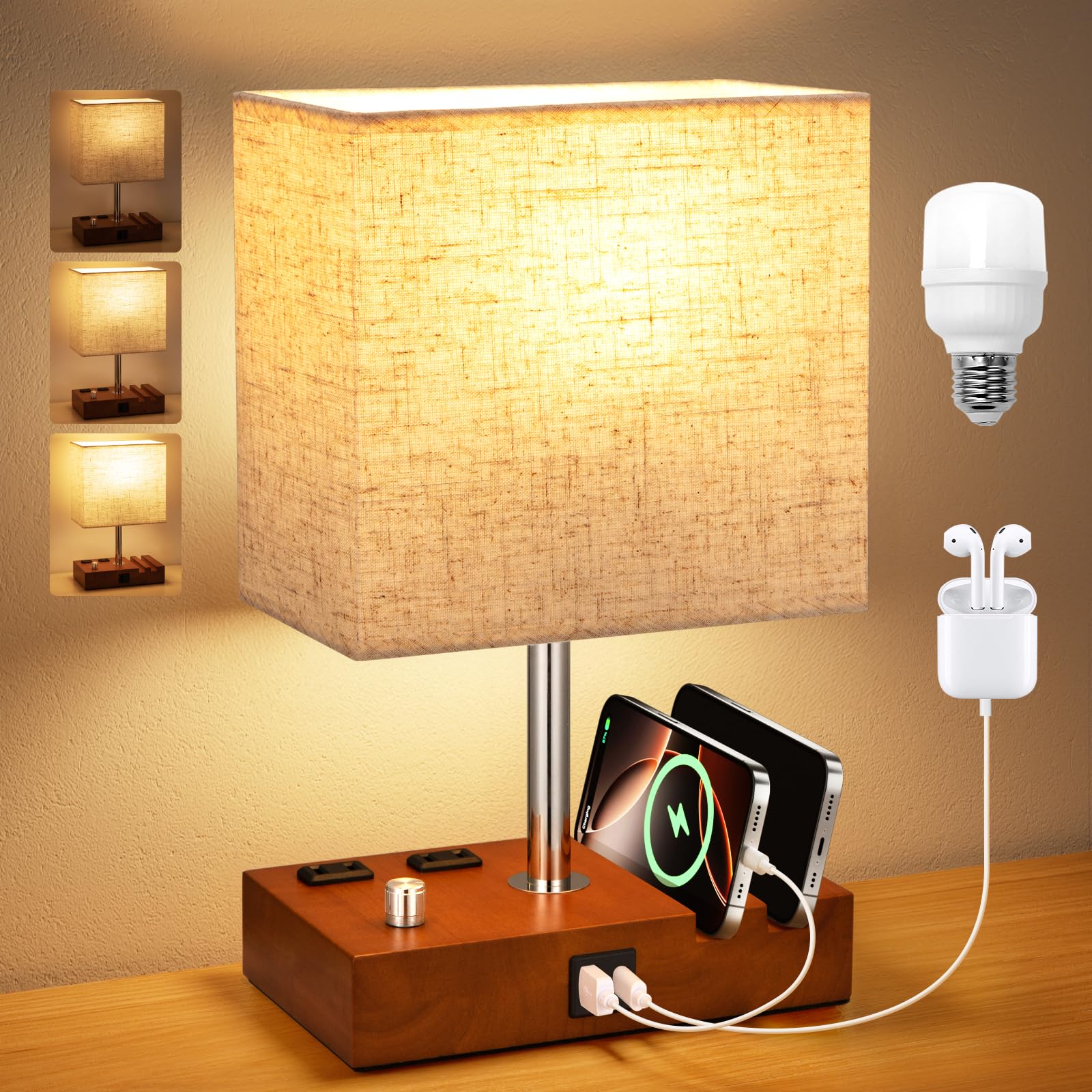Kakanuo Fully Dimmable Nightstand Lamp for Bedroom with USB C Ports  Small Bedside Table Lamp with Charging Outlets and Phone Stands  Vintage Wooden Desk Lamp for Living Room  LED Bulb Included