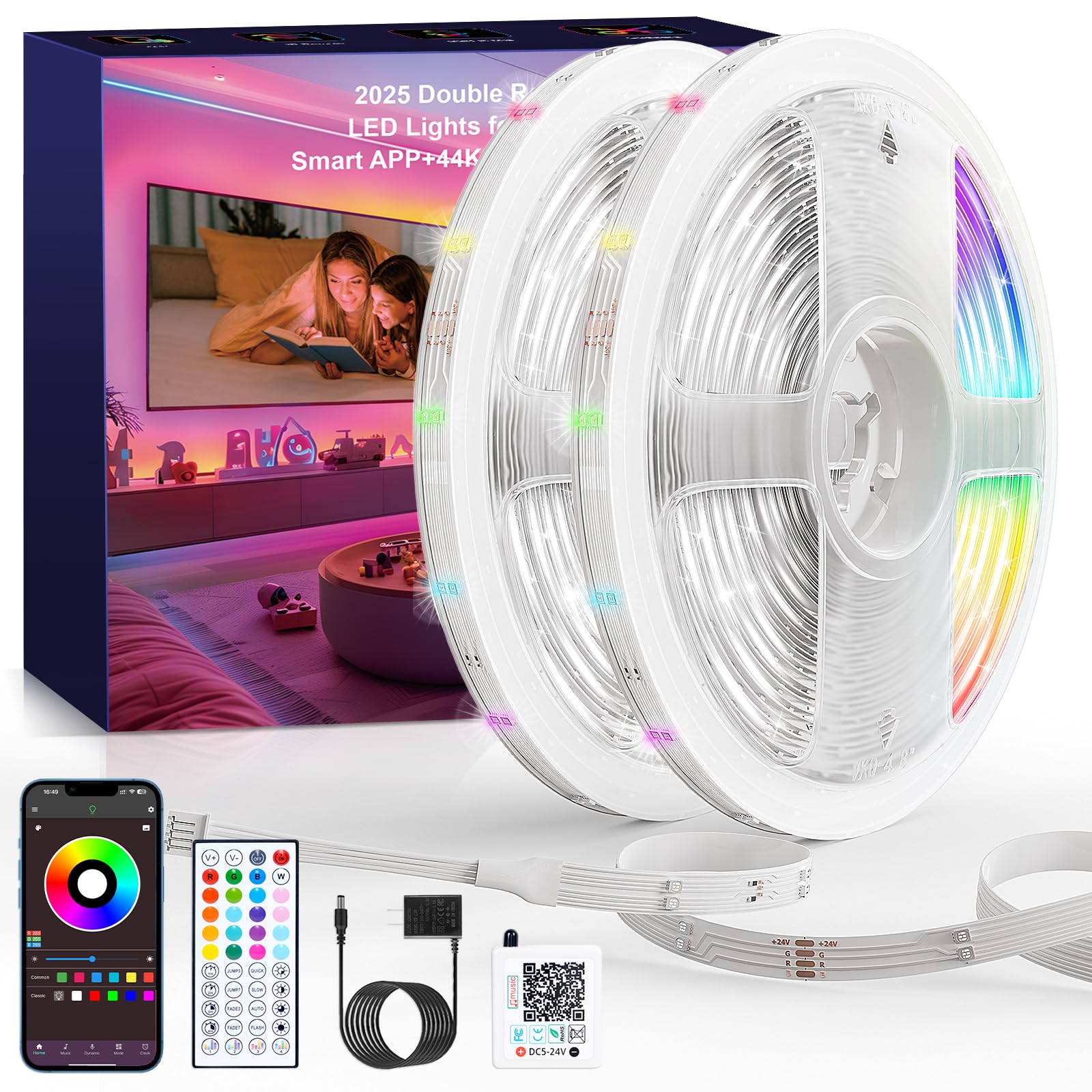 LED Lights for Bedroom, 2025 Double Row 100FT 960LEDs RGB Strip Lights Music Sync Color Changing LED Lights, APP+44Key Remote Co