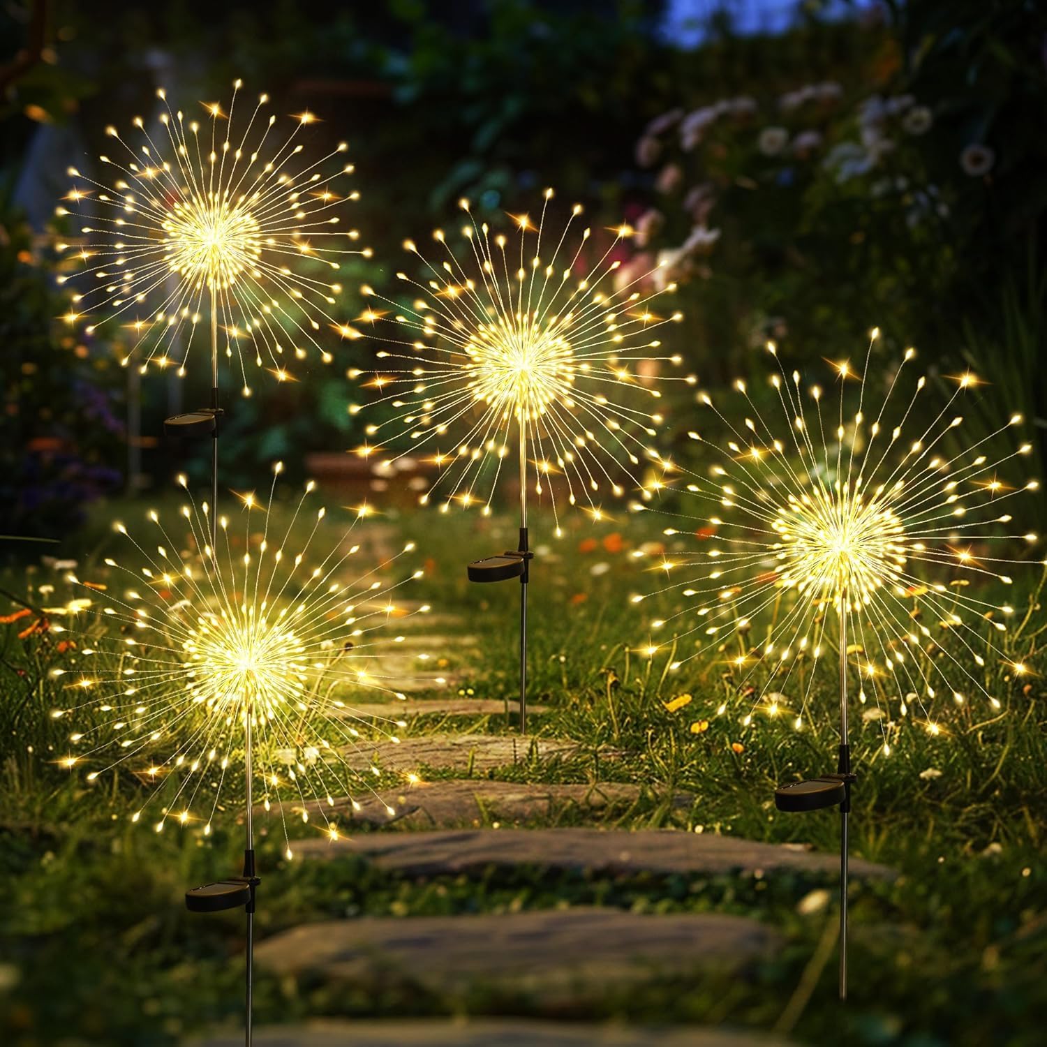 4 Pack Solar Firework Lights 150 LED Create Magical Nights, Waterproof Starburst Fairy Lights for Garden Yard Patio Christmas Ro