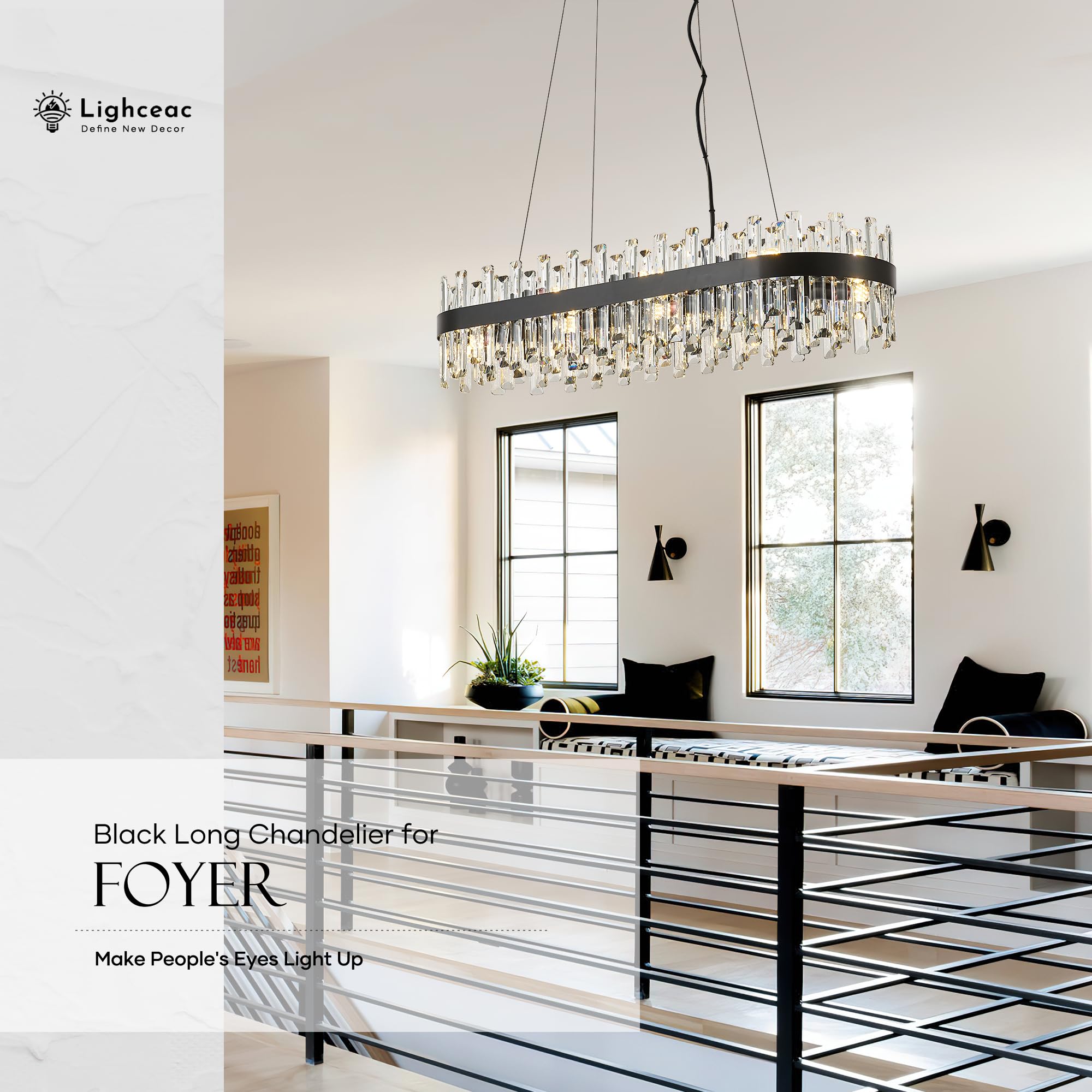 Lighceac 39 Modern Black Rectangle Crystal Chandelier Light Fixtures For Kitchen Island stylish Linear Crystal Chandeliers For Dining Room 16-Light Long Hanging Pendant Lighting For Entryway Foyer Bar