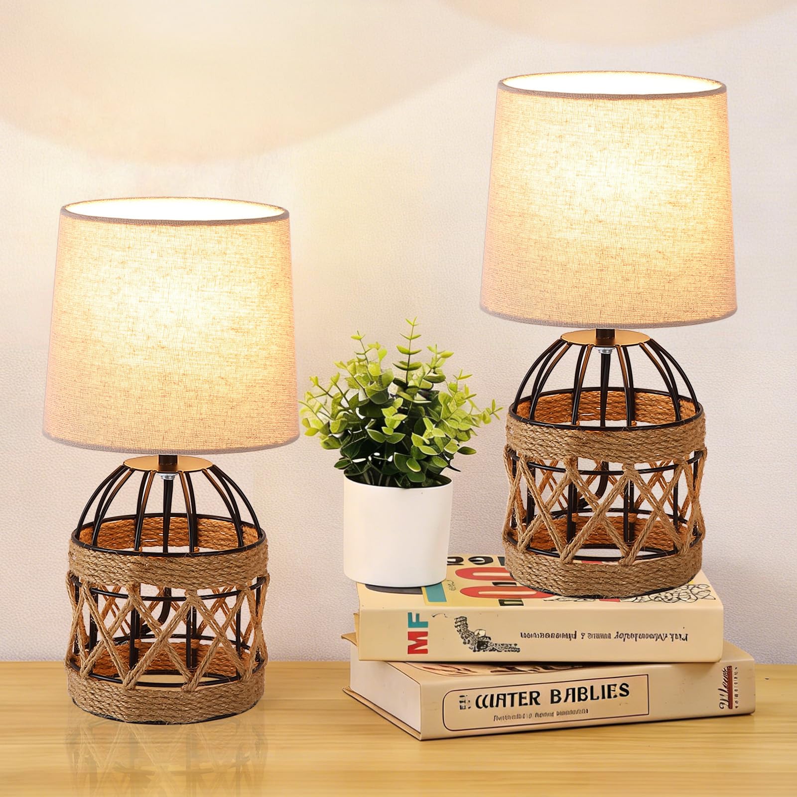 Wynterhaven 2 Pack Boho Rattan Table Lamps for Bedroom,Small Bedside Nightstand Lamp with Metal Cage Base Linen Shade,Farmhouse 