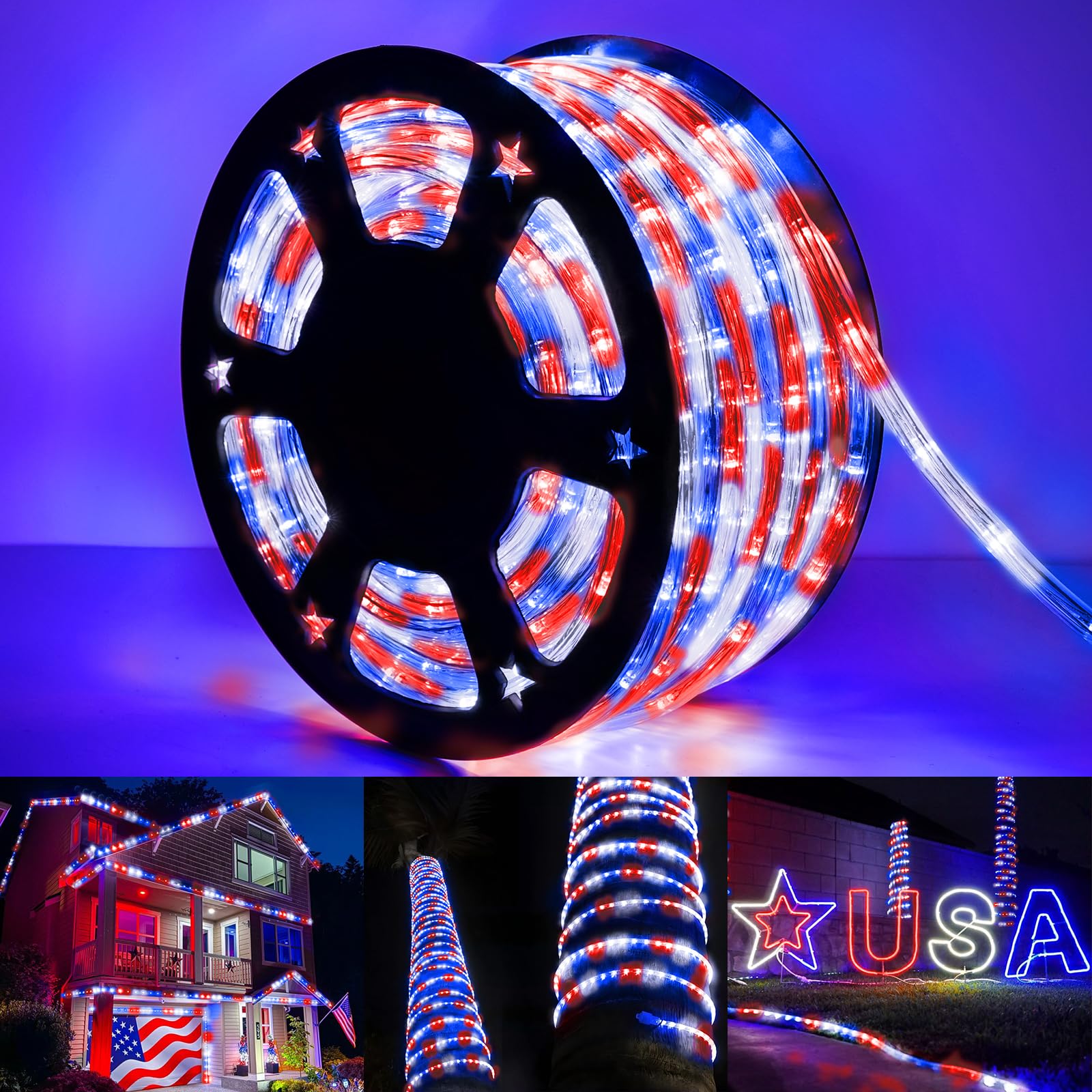 Jnaurb 100ft LED Rope Lights - Waterproof, 720 LEDs, 8 Modes, Red & White & Blue for Indoor/Outdoor Decor