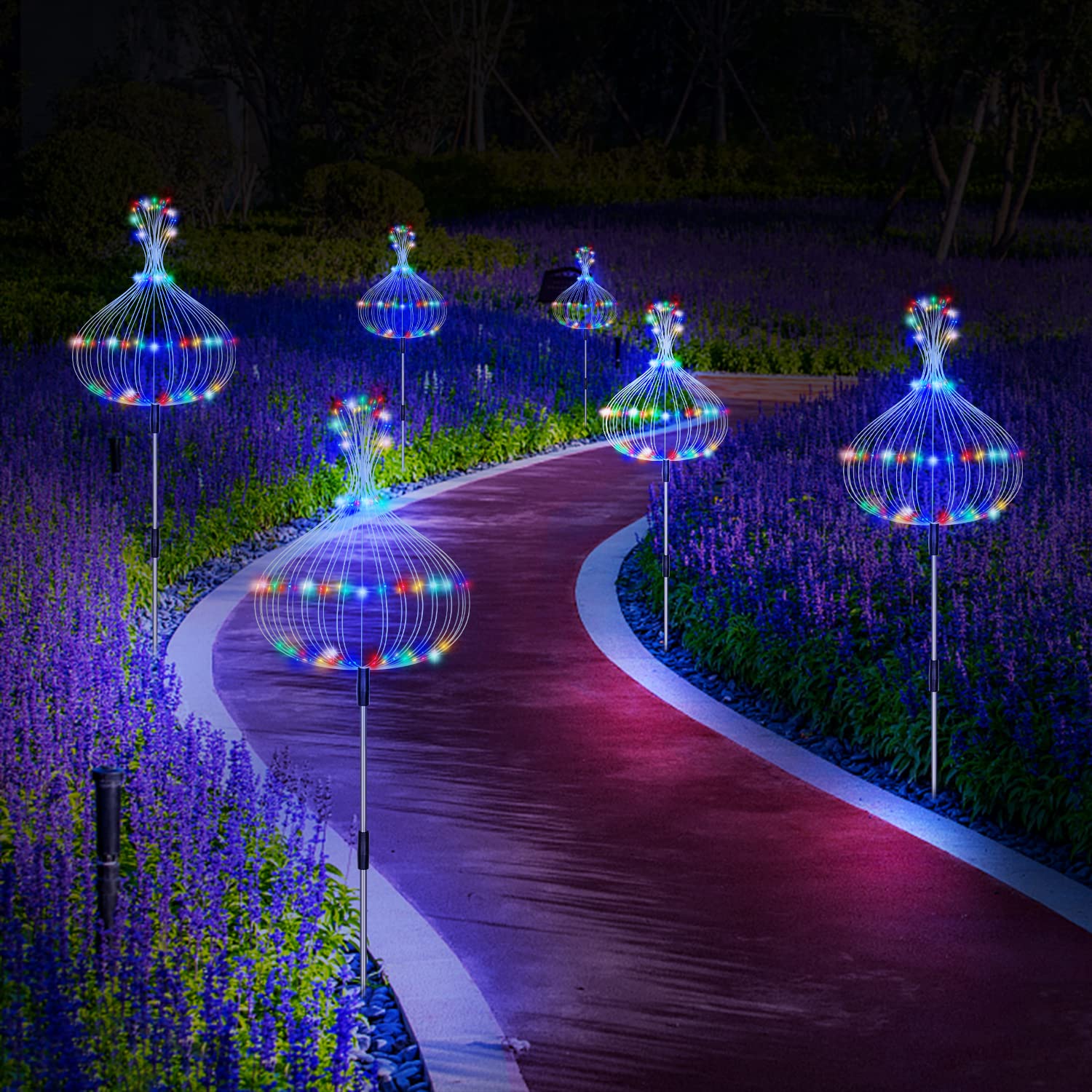 Solar Garden Lights, Outdoor Firework Lights, 5 Pack 120 Led Decorative Stake With Remote, 8 Modes Diy Landscape Light Waterproof Lamps For Walkway Pathway Backyard Lawn(Colorful)