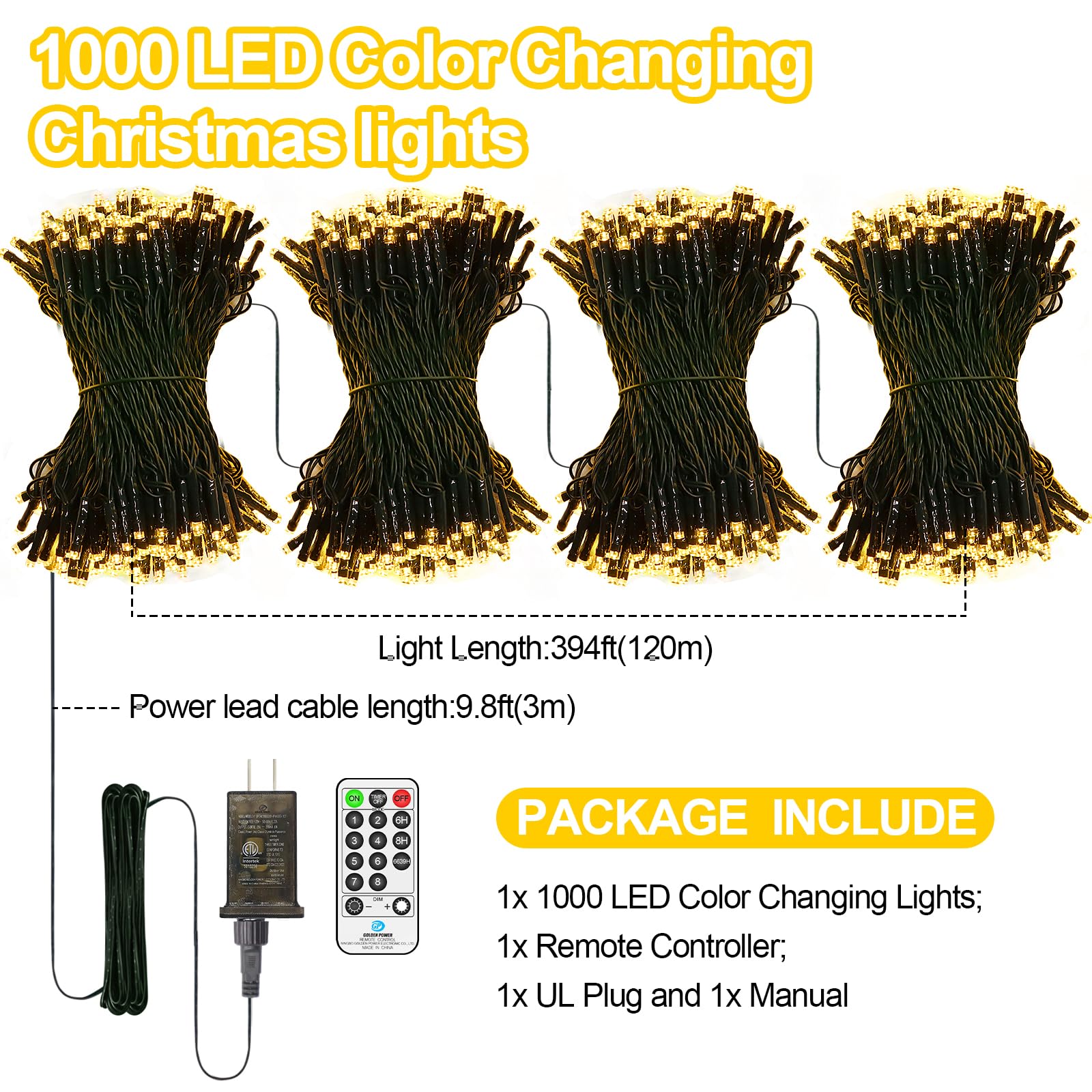 ROADAYLY 1000 LED Christmas String Lights, 394 Ft, Warm White, Waterproof, 8 Modes, Timer, for Outdoor Yard Patio Wedding Decorations