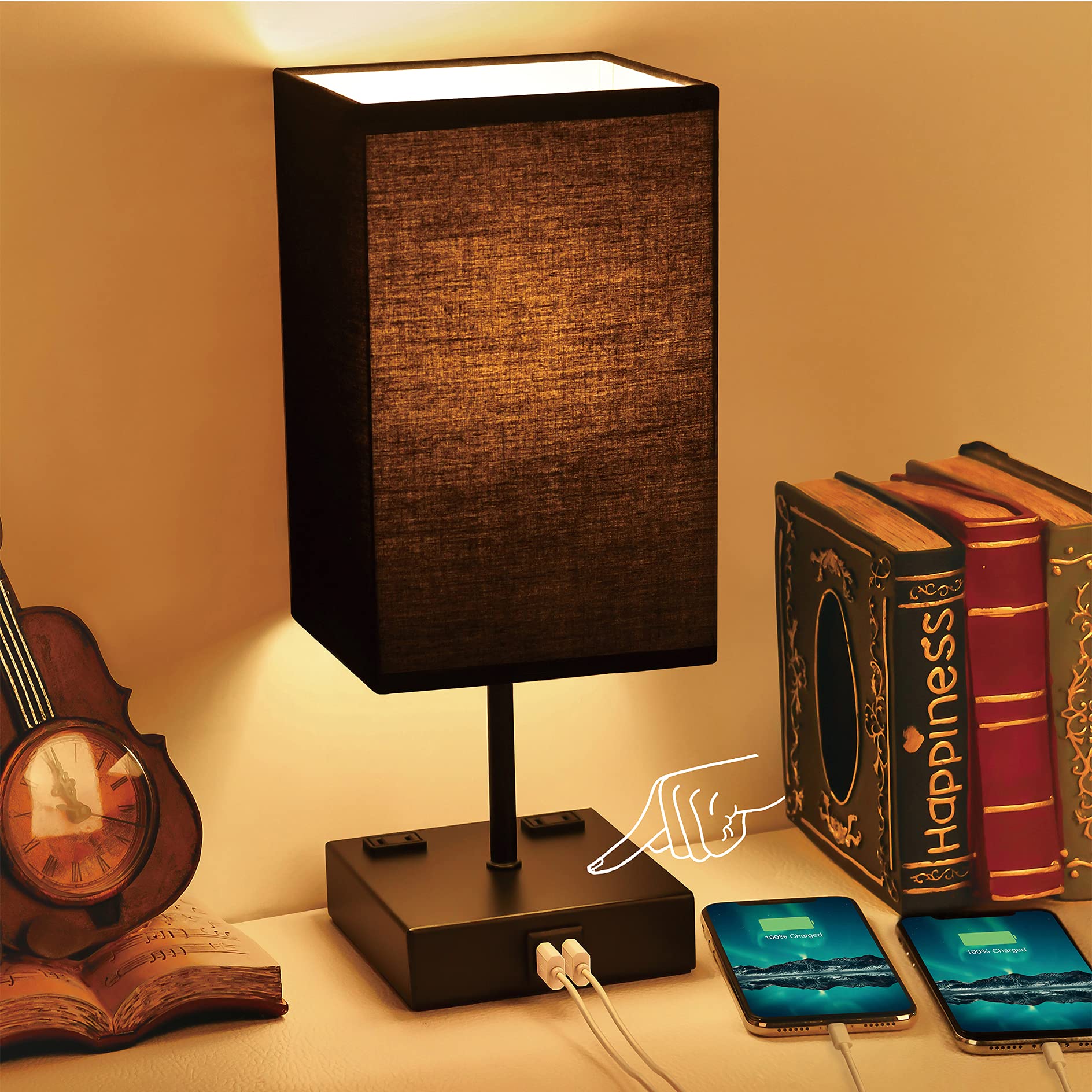 Sailstar Table Lamp, 3 Way Dimmable Touch, Metal, Black, 4.8x4.8x14.9 Inch, Includes Bulb, USB & Outlet