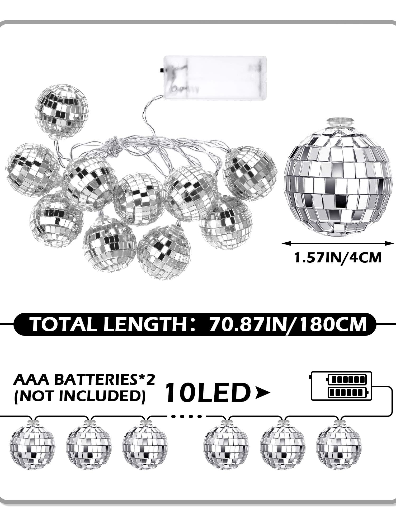 Bbto 10 Pcs Led Disco Ball String Light Battery Powered Mirror Ball Ornaments 70S 80S 90S Disco Party Supplies(Multi Color,1.57