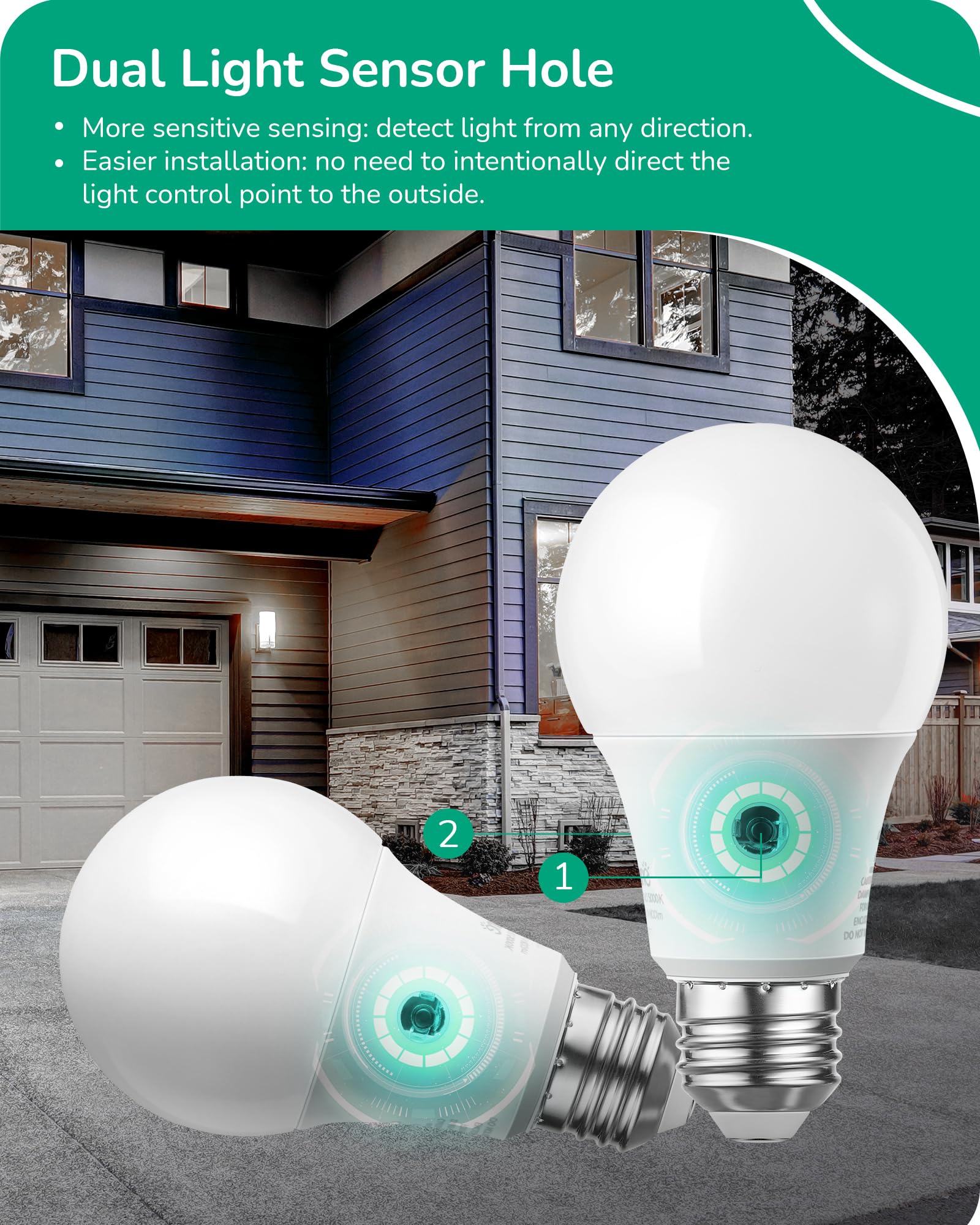 EDISHINE Dusk to Dawn Light Bulbs, 5000K Daylight Glow, Outdoor LED Light Bulb, Dual External Sensor Light, Automatic On/Off, 80