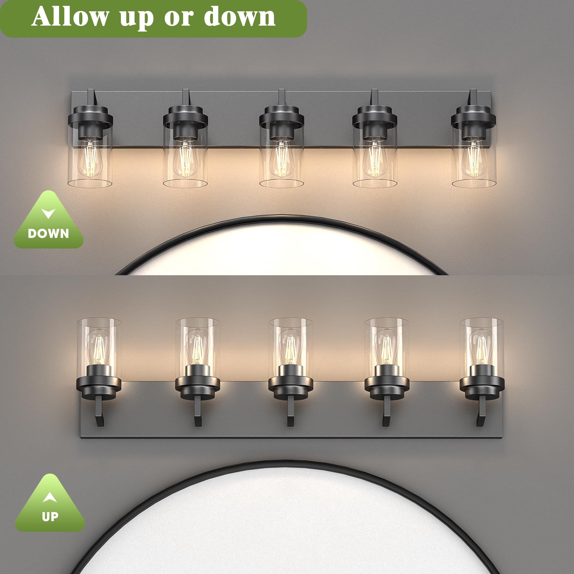 Espird 5-Light Bathroom Vanity Lights, Black Metal Fixture with Glass Shade, Model L08-5-BK