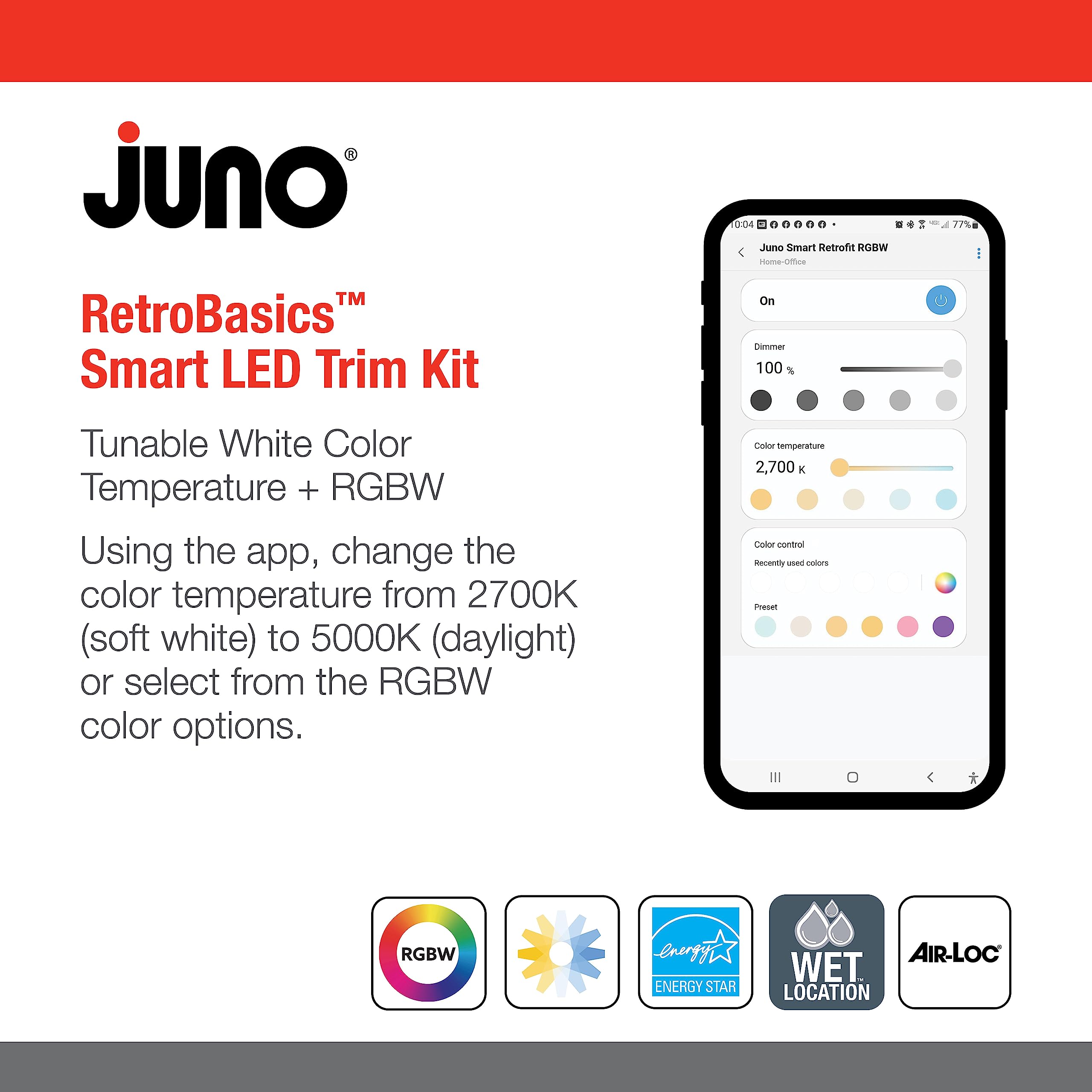 Juno Rb4Sc Rgbw Mw L/Sktwhip M6 Retrobasics Smart Recessed Led Trim Kit, Tunable White 2700K - 5000K, Rgbw Color Changing, Smoot