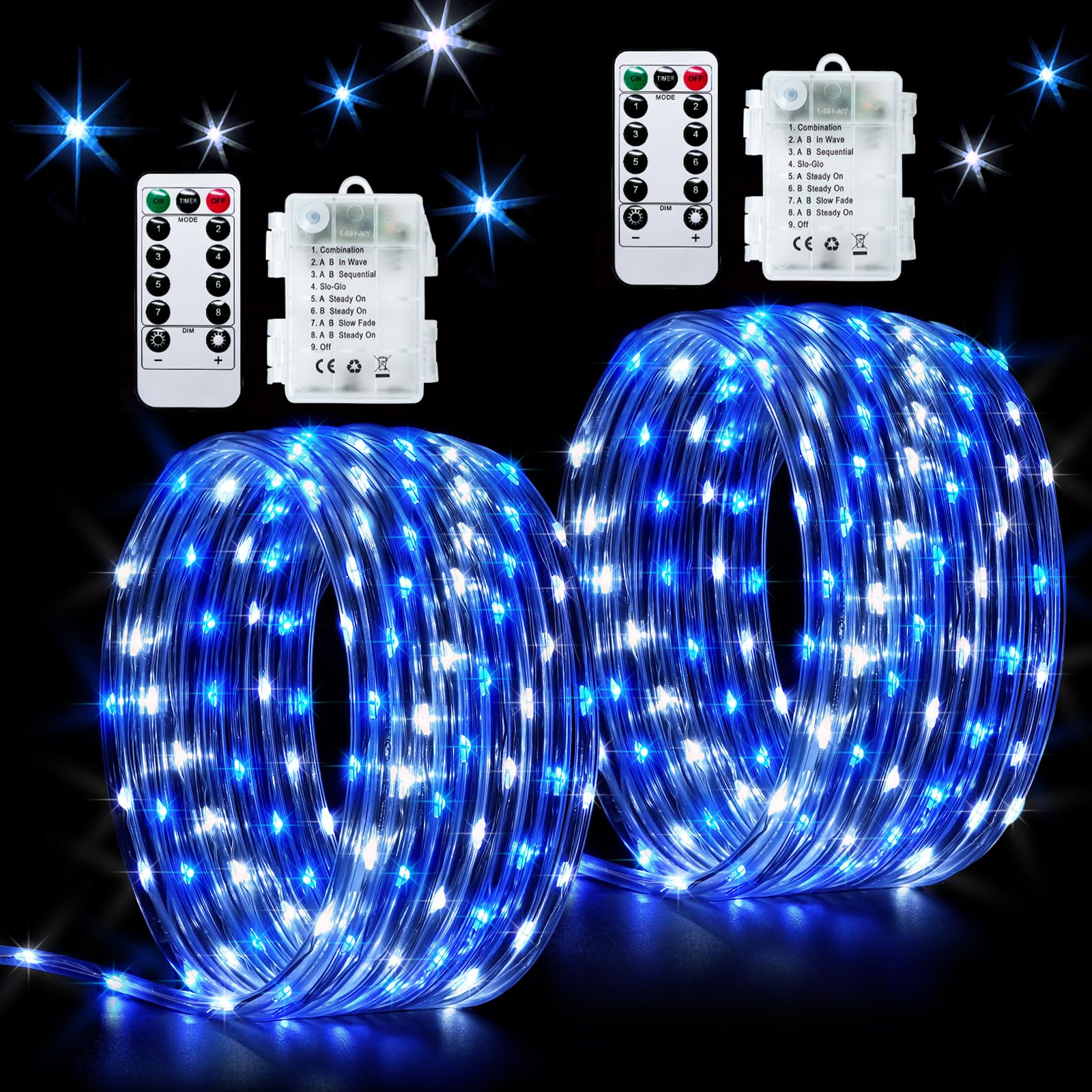 JMEXSUSS Rope Lights 200 LED 66ft Battery Operated String Lights, Waterproof, Blue & White, Remote Control, Model Rope100B