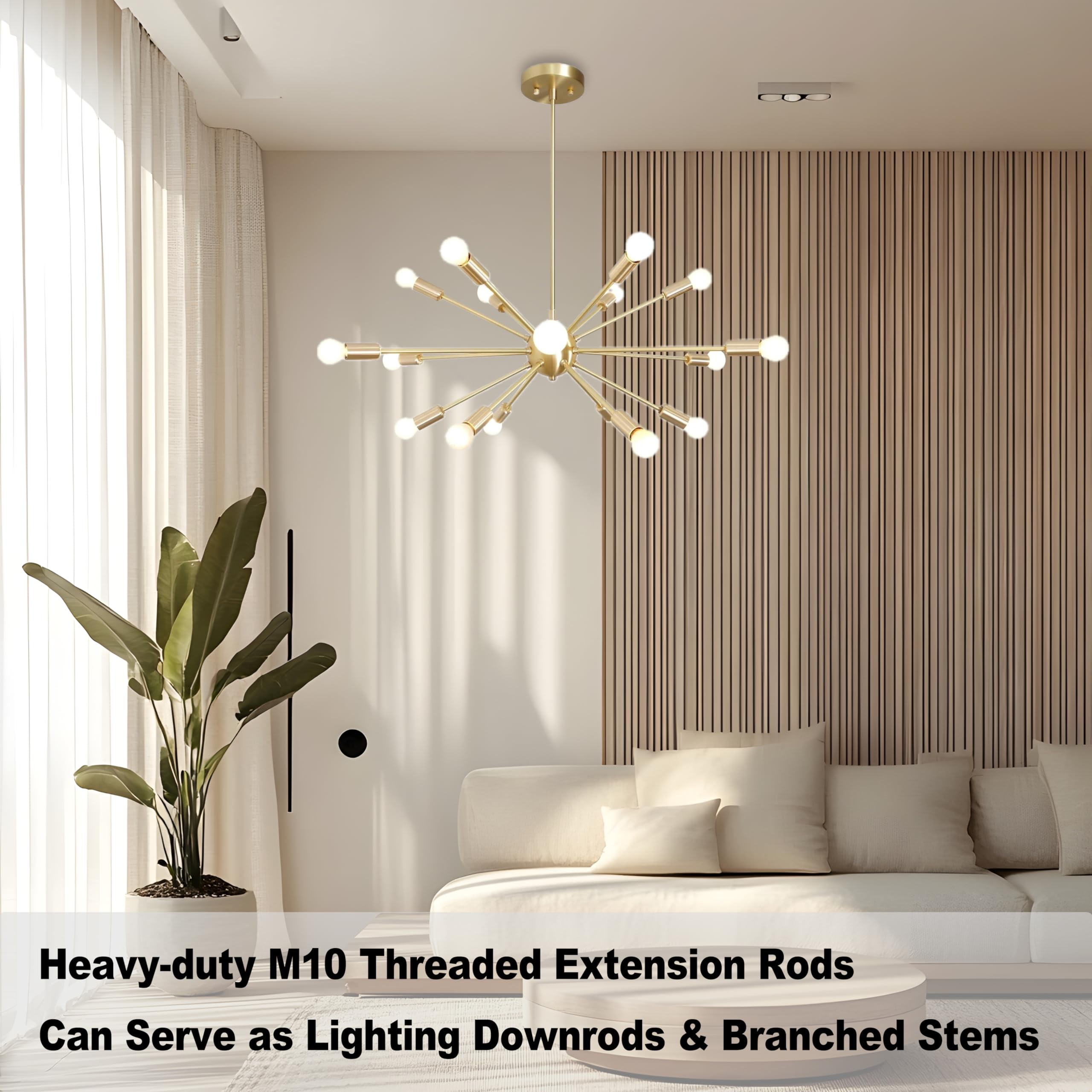 MAYOMAJO 8-Piece M10 Threaded Extension Poles & Sloped Ceiling Adapter Kit, Brass, Model EXD-4+4 for Pendant Lights & Chandeliers