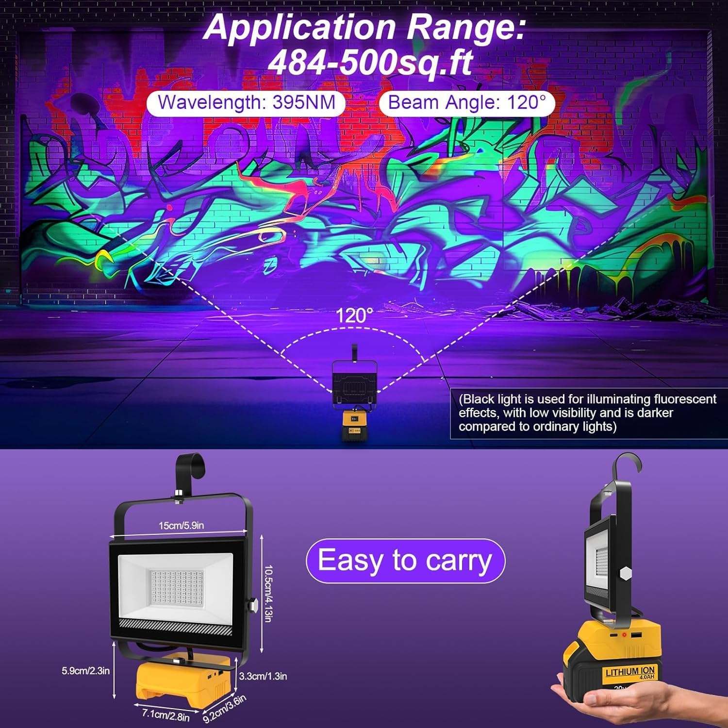 CREPOW Cordless LED Black Light, 395nm Ultraviolet Flood Light, DeWalt 20V Compatible, Portable, USB & Type C Charging, 1 Pack