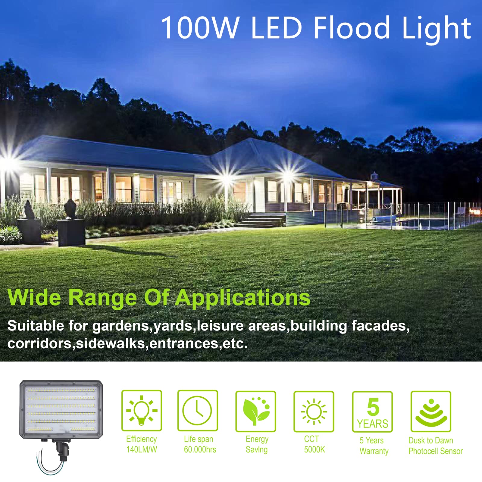 Paktonvo 100W Led Flood Light - Dusk To Dawn, 5000K, 14000Lm, Waterproof, Aluminum, Wall Mount, Model 100Wledfld, White