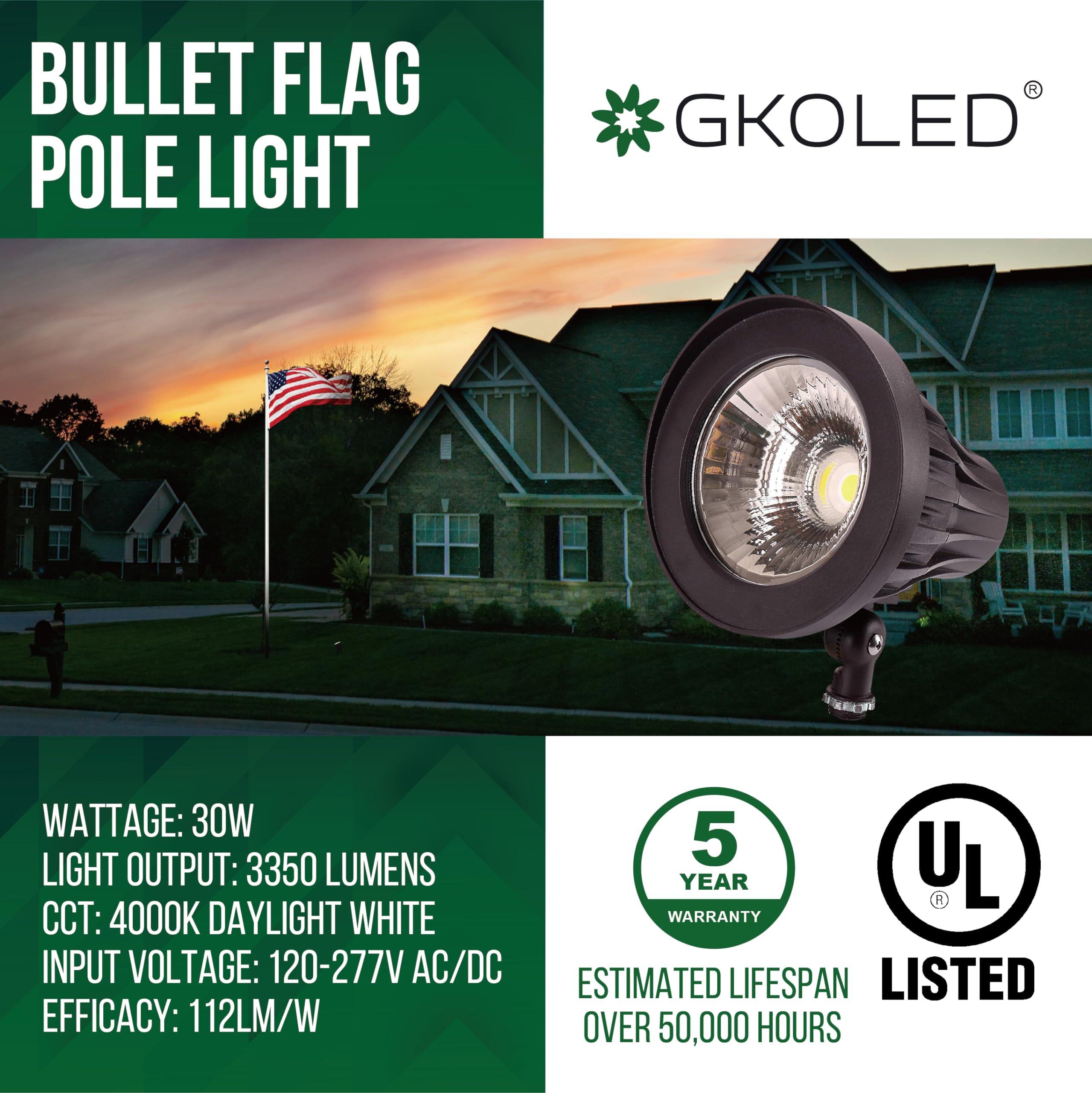 GKOLED 30W Round LED Spotlight, 4000K Cool White, 3350 Lumens, 20° Beam Angle, UL Listed, Dark Bronze, Model GKOFR30W