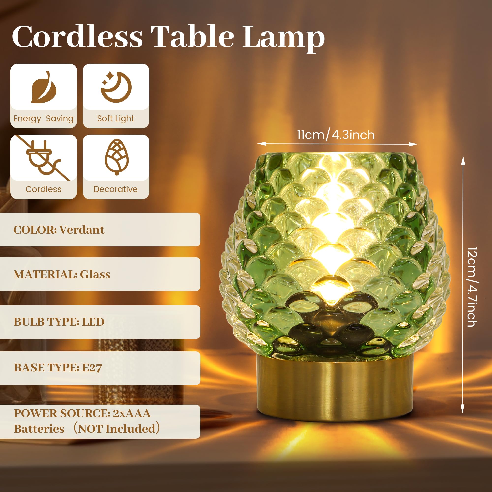 Cycodo Small Table Lamp, Cordless LED Bulb, Timer, Green, Model TD2-G, 1 Pack, Battery Operated for Bedroom, Bathroom, Kitchen, Living Room