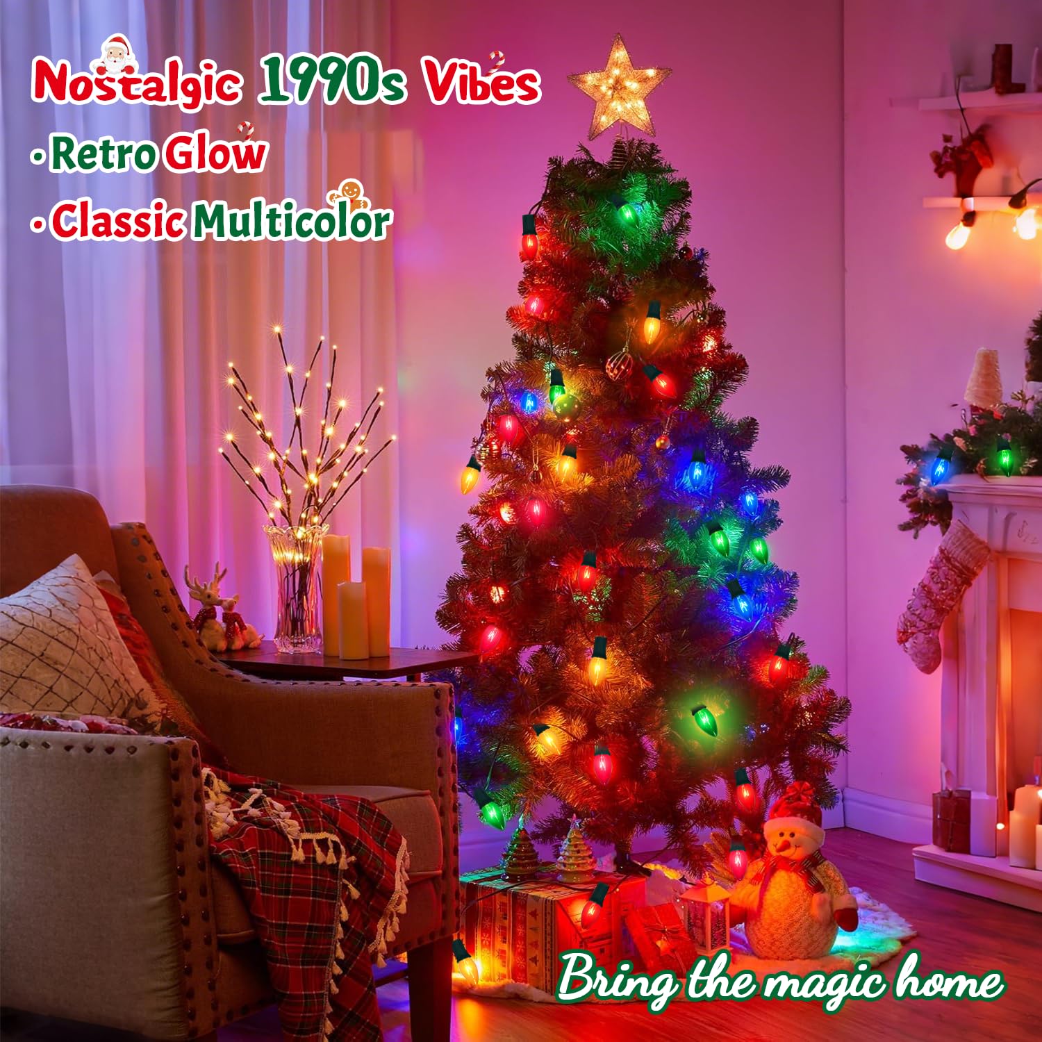 50Ft C9 Christmas Lights Outdoor Vintage Multi-Colored Christmas Lights 50 Count + 5 Spare Bulbs  Old Fashioned Colored C9 String Lights For Outdoor Holiday Xmas Trees House Roof Porch Yard Decor  7W
