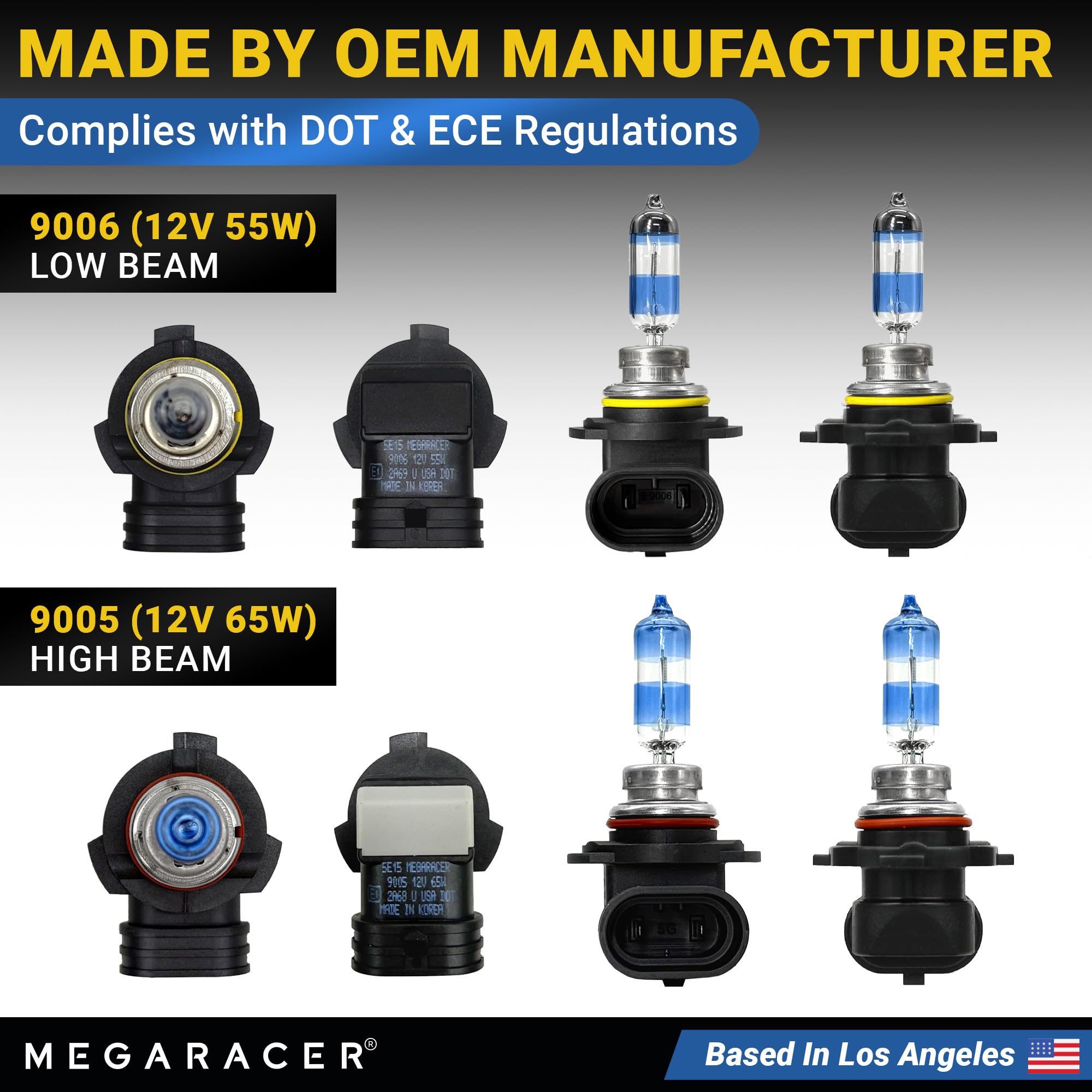 Mega Racer Premium 9006 9005 Halogen Headlight Bulbs Combo - 12V, 55W/65W, DOT Compliant, Brighter White Light for Cars