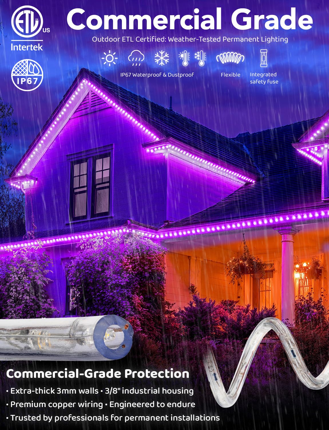 WYZworks LED Rope Lights, 25ft, Purple, Waterproof, Flexible Tube, ETL Certified, Model LED-ROPE-PURP-25FT