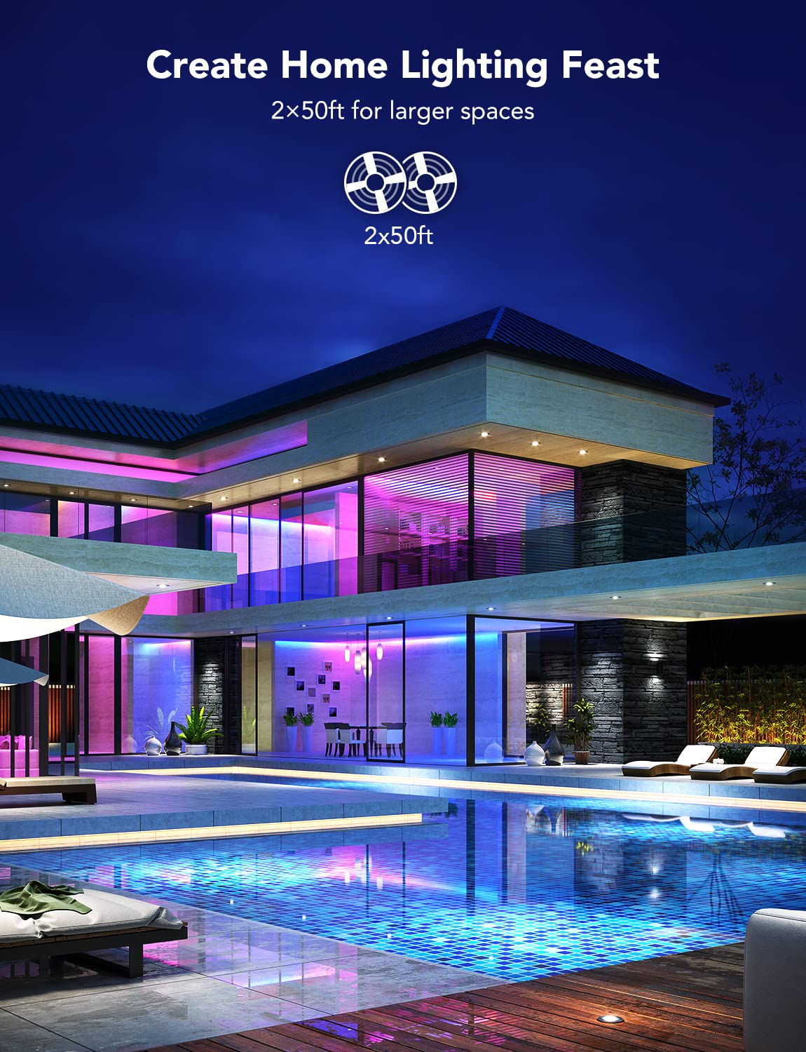 Govee RGBIC LED Strip Lights, 100ft Multicolor, Bluetooth App Control, Music Sync, Model H617F, 2 Rolls of 50ft