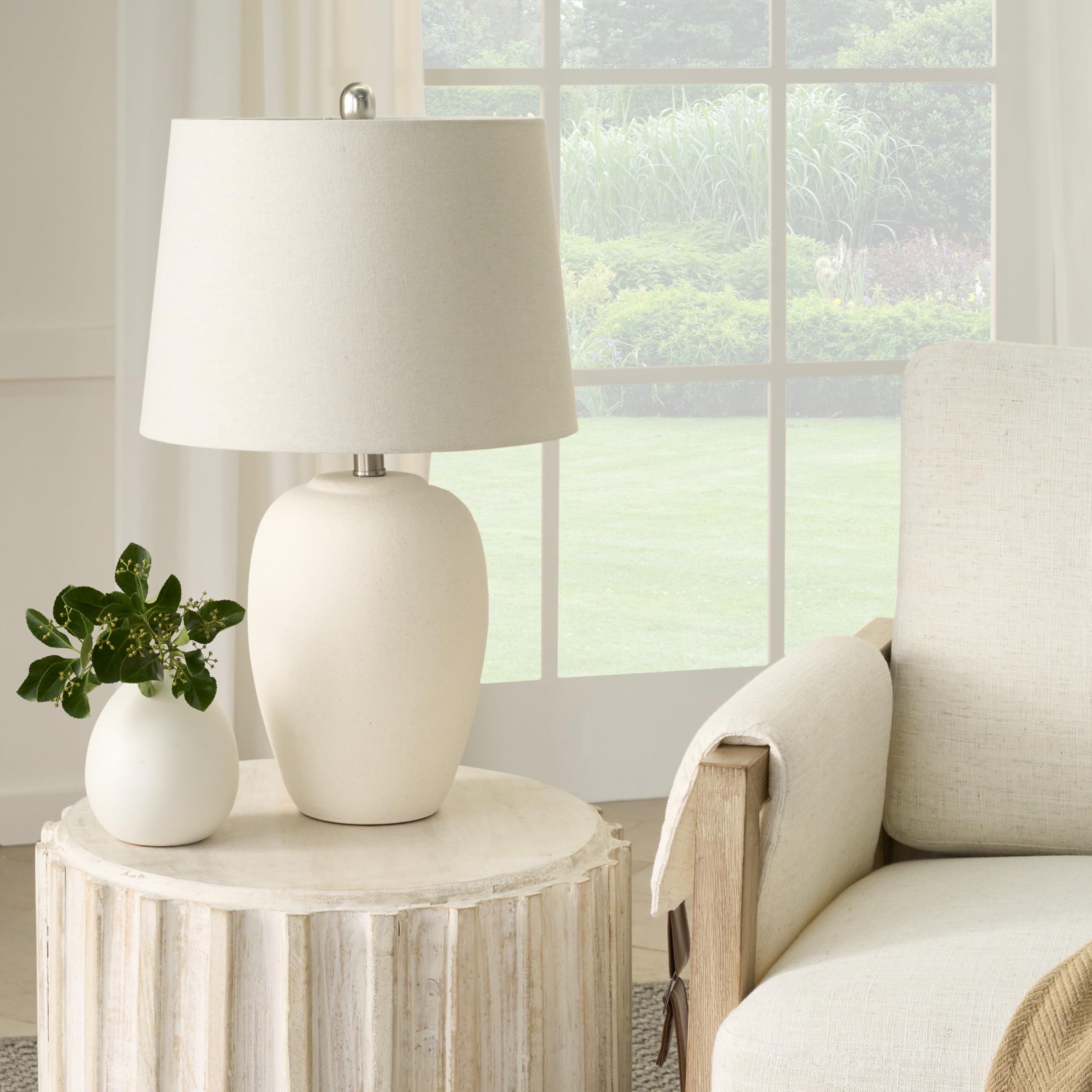 Nourison 23'' Natural White Ceramic Jar Table Lamp for Bedroom, Living Room, Dining Office, with Off-White Shade