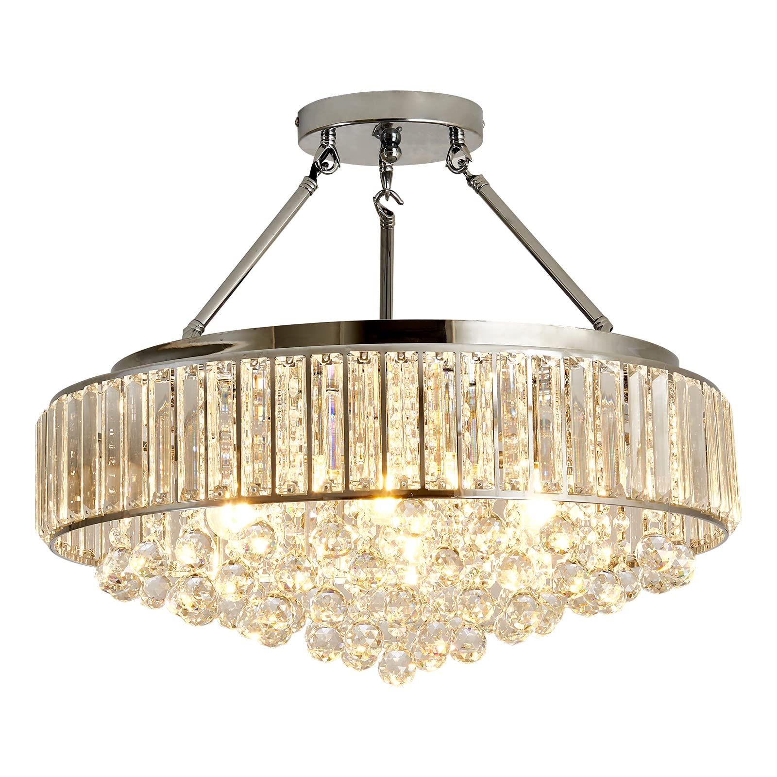 Yyjlx 6-Light Modern Round Crystal Chandelier, Chrome Semi Flush Mount Ceiling Light, Silver
