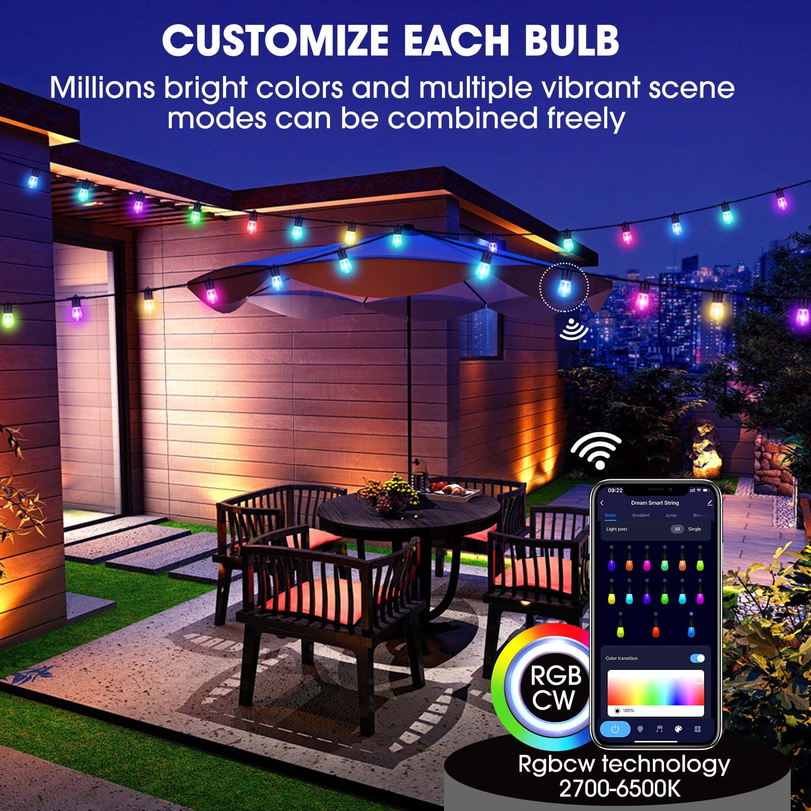Upgrade 100Ft Outdoor String Lights,Smart Rgb Christmas Led Lights Work With Alexa, Waterproof Outside Patio String Lights With 30 Dimmable Led Bulbs,Color Changing Outdoor Lights With App & Remote