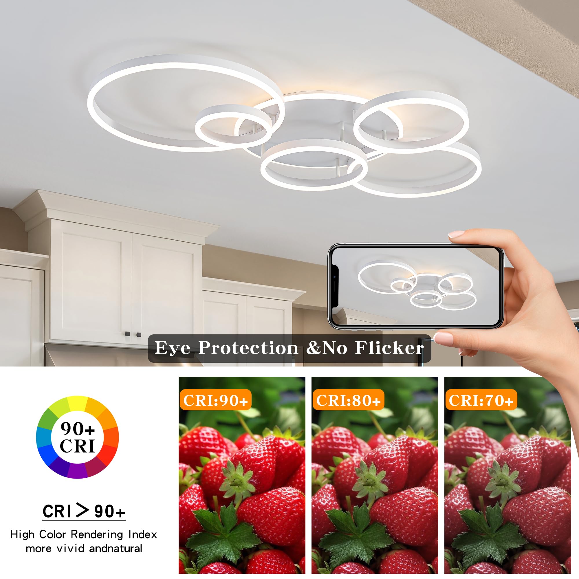 ONeeldy Modern Led Ceiling Light White Flush Mount Ceiling Lights Fixtures Dimmable 47 Dining Room Light Fixture With Remote 6 Rings Kitchen Lighting Fixtures Ceiling Lamp For Bedroom Living Room