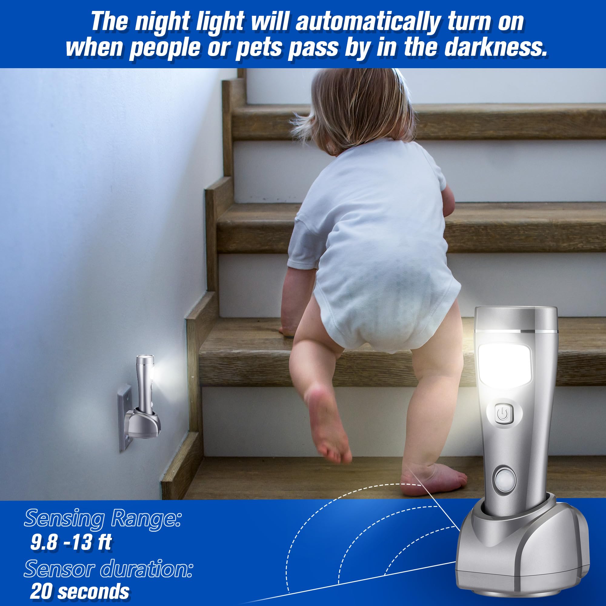 Enhon 4 In 1 Led Rechargeable Plug In Flashlights, 6 Pack Led Emergency Lights For Home Power Failure Emergency, Plug In Power Outage Light, Power Failure Light With Motion Detection (Silver)