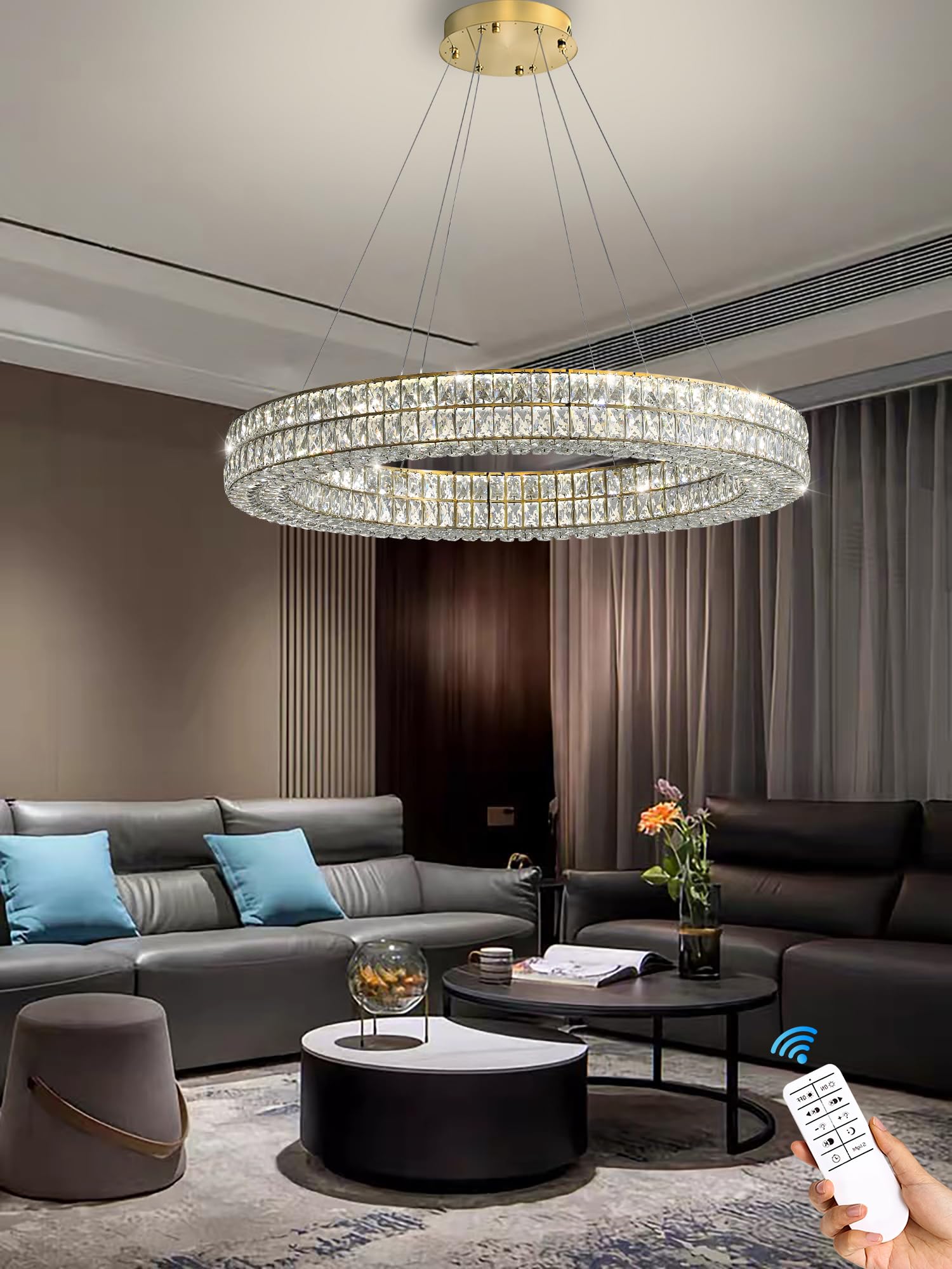 IDEQUY LED Ring Crystal Chandelier, 40in Gold, Modern Dimmable Lighting, Stainless Steel & Acrylic, Model CF8024-100J