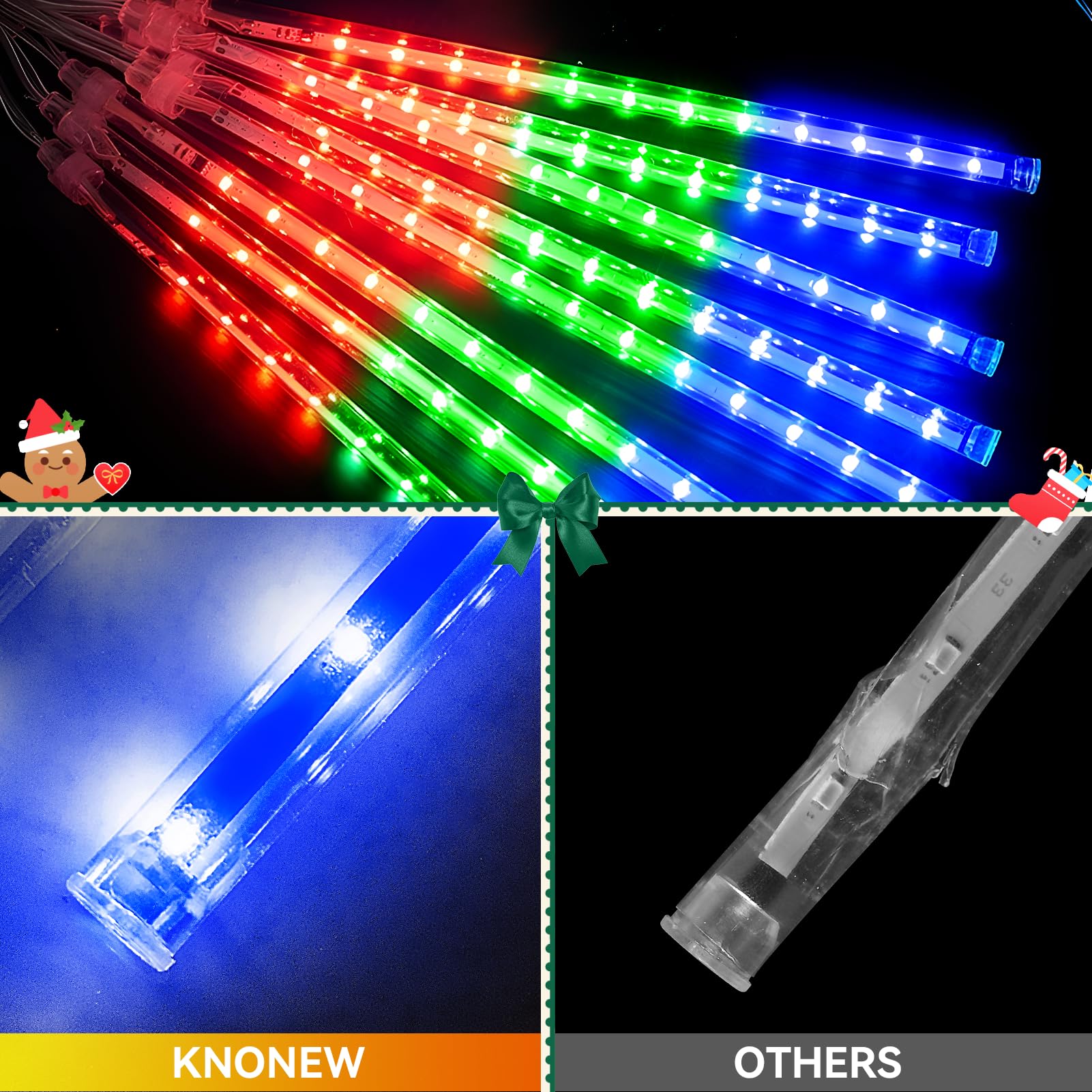KNONEW LED Meteor Shower Lights, 40 Tubes, Waterproof, Multicolor, Model KN-1000-LIG168-01, Christmas Outdoor Decorations