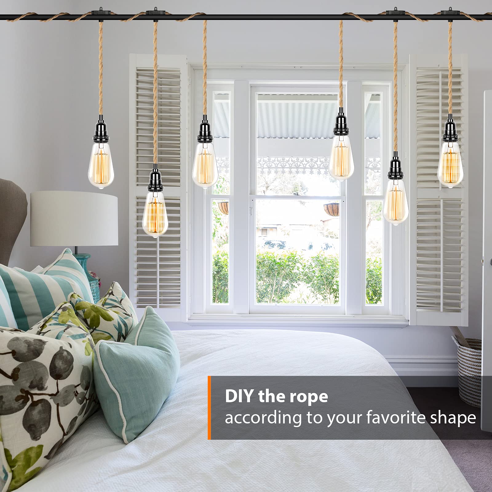 HURYEE 20FT Plug in Hanging Light Fixture, 3 Bulb Pendant Lamp with Switch, Metal Twisted Hemp Rope for Farmhouse Bedroom Decor