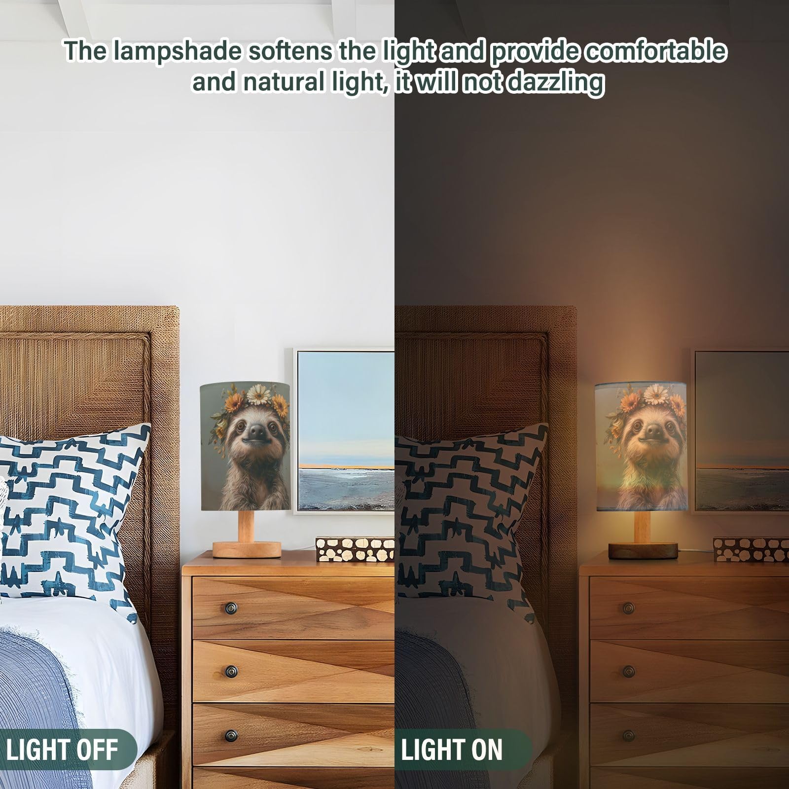 Goodold Cute Sloth Led Table Lamp - Modern Minimalist Bedside Lamp With Round Flaxen Fabric Shade For Nightstand, Perfect For Be