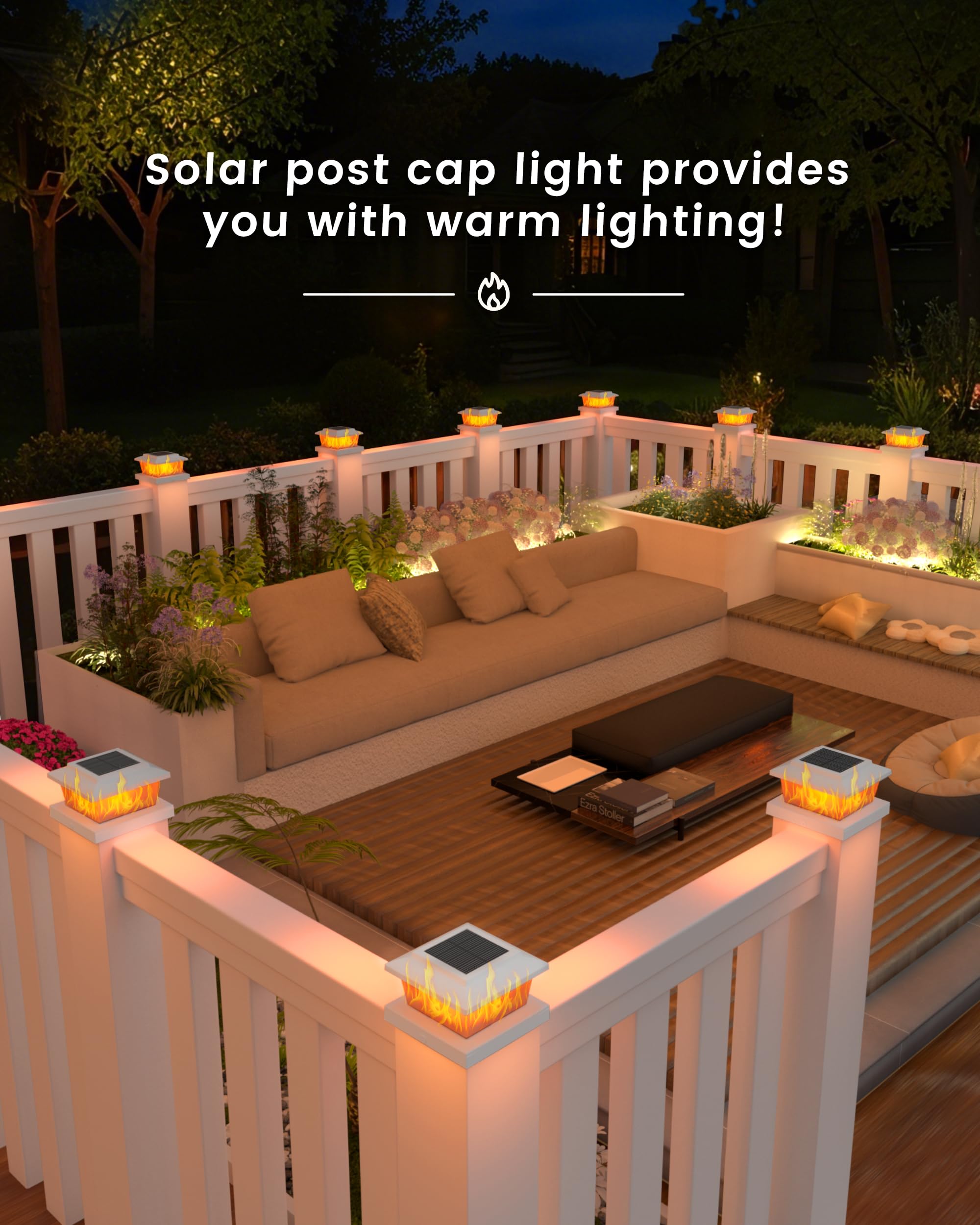 Volisun Solar Fence Post Lights 4Pack  White Solar Deck Cap Flame Light Outdoor Waterproof  High Brightness Flickering Flame Smd Led Lighting  For 4X4 Wooden/4X4 5X5 Vinyl Post