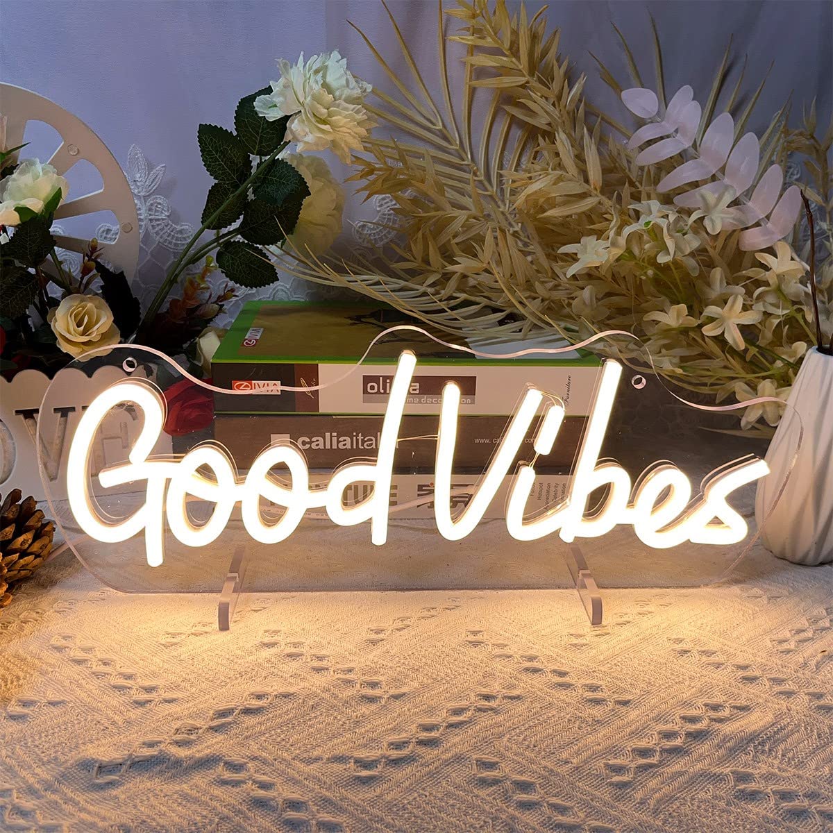 Zplnosin Good Vibes Neon Sign Desk Lamp - Led Wedding Table Decor, 40×10.7 Cm, Warm White