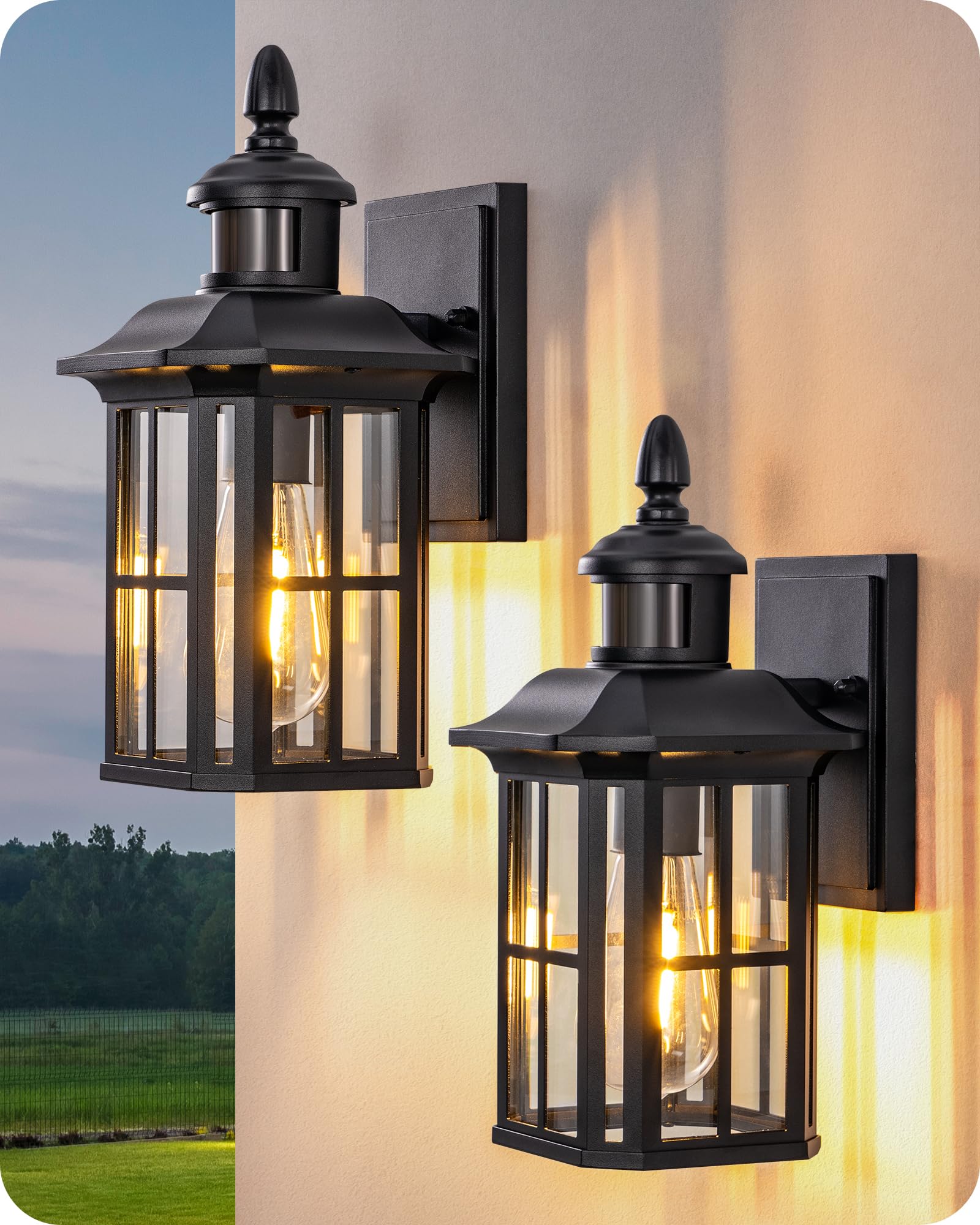 EDISHINE 2 Pack Motion Sensor Outdoor Wall Lights, Dusk to Dawn Exterior Lighting Fixture, Modern Porch Light Wall Mount, Clear