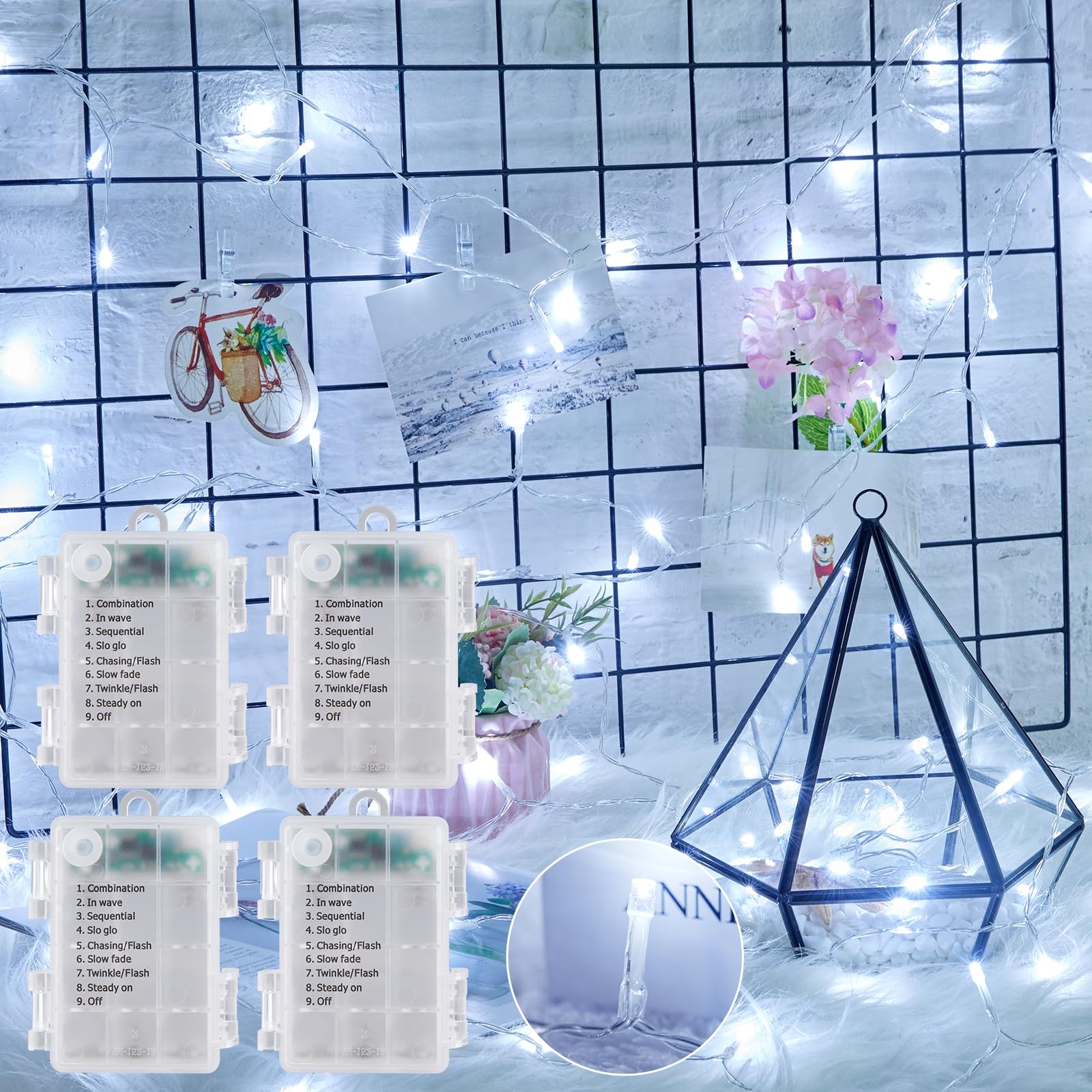 Minetom Battery Operated String Lights, 66FT 200 LED, 4 Pack, Pure White, Waterproof, 8 Modes, Model 3AA-LUO