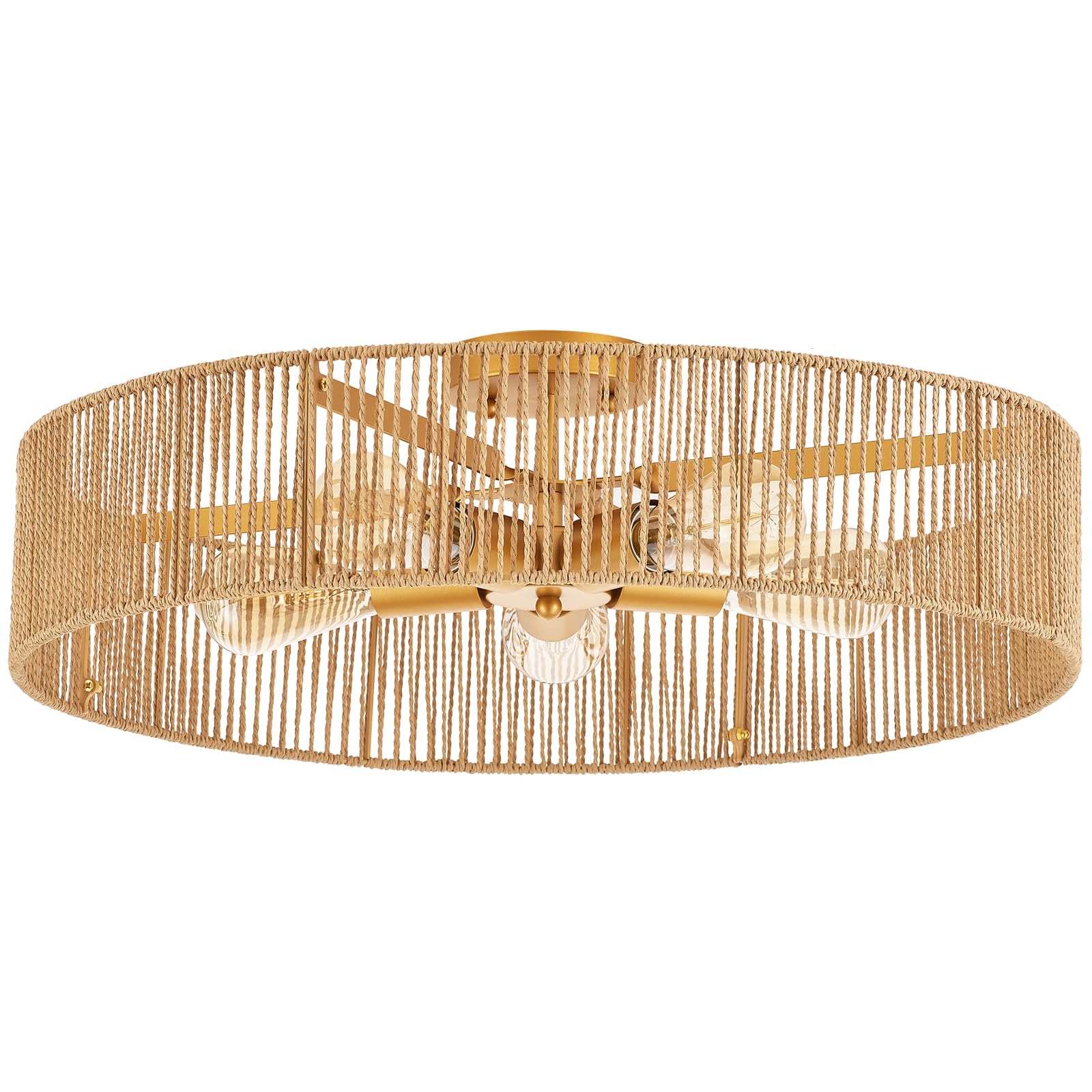 MhyTogn 24'' Natural Rattan Flush Mount Ceiling Light Fixture Antique Brass Brush Paint Finish Boho Chandelier for Porch Patio H
