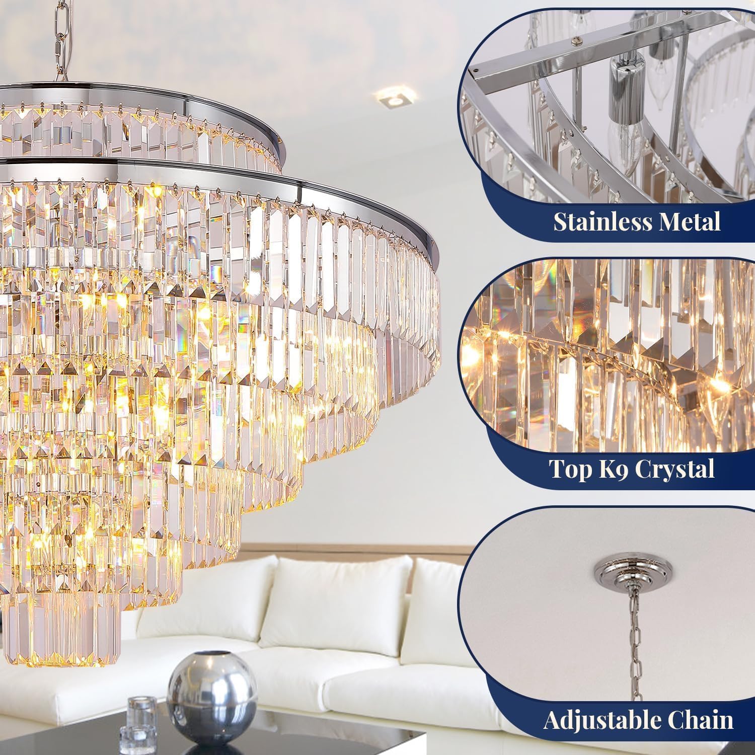 GMlixin Large Crystal Chandelier Pendant Light Fixture, 39 Inch, Chrome, Model GM2950-1000-C-1 for Dining Room, Bedroom, Living Room