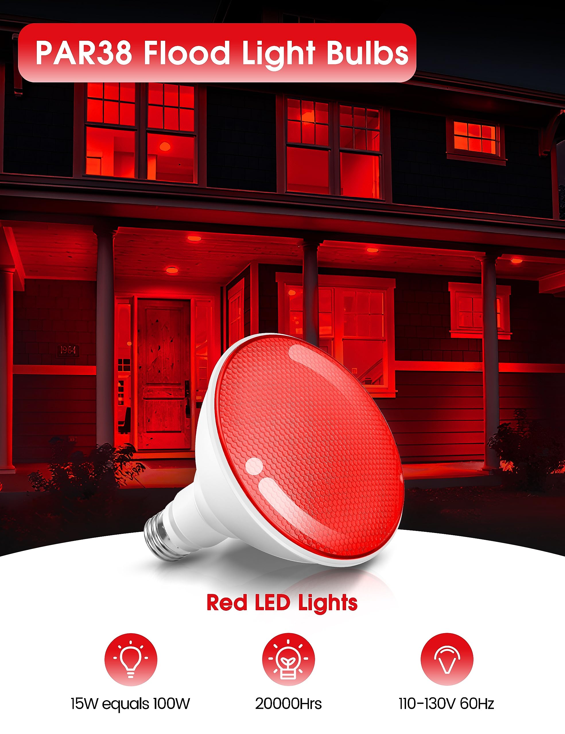 Red Flood Light Bulbs?2 Pack?  Par38 15W(100W Equivalent) E26 Led Red Lights Bulb Outdoor Not-Dimmable  Colored Light Bulb For Valentines Day Decor  Porch Home Lighting
