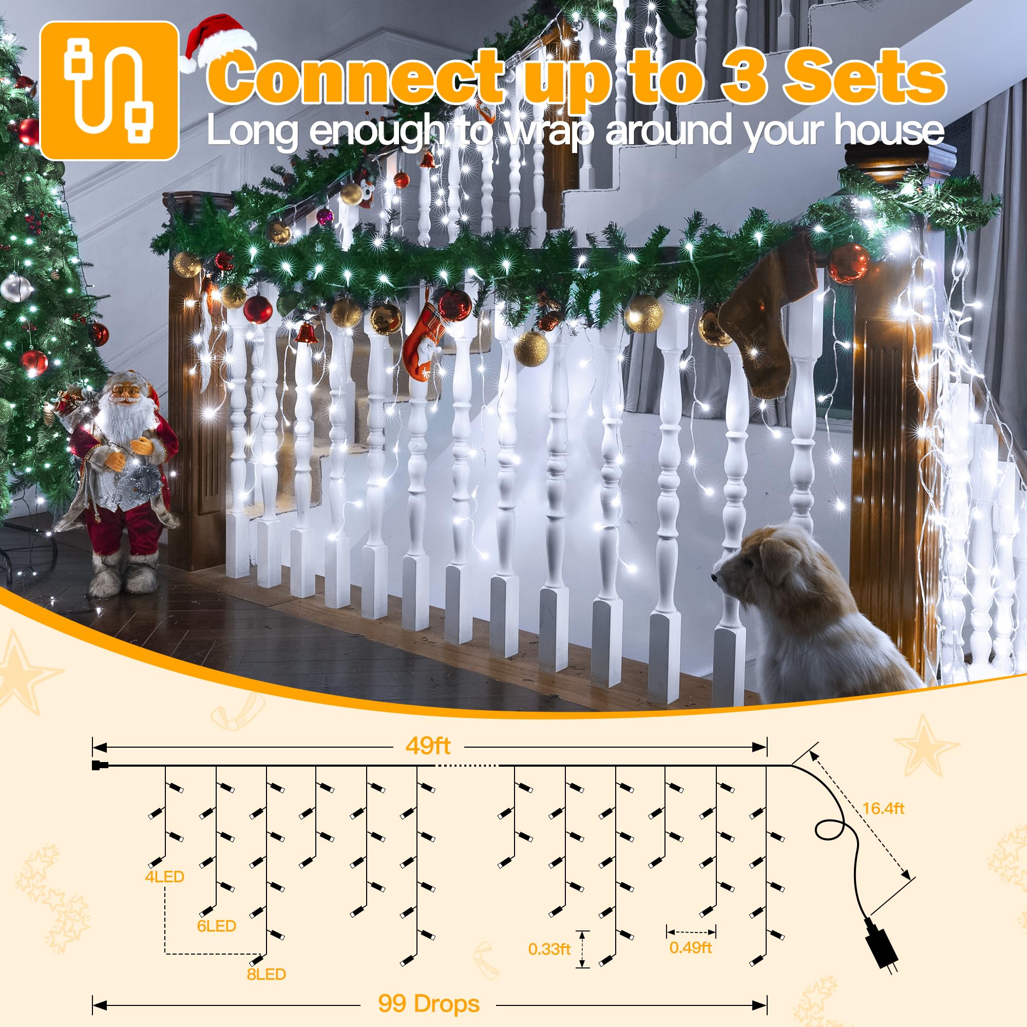 Ollny Cool White Icicle Lights, 594 Led Christmas Lights, 49Ft, Waterproof With Remote, 8 Modes, Model Hg-29V595Bc