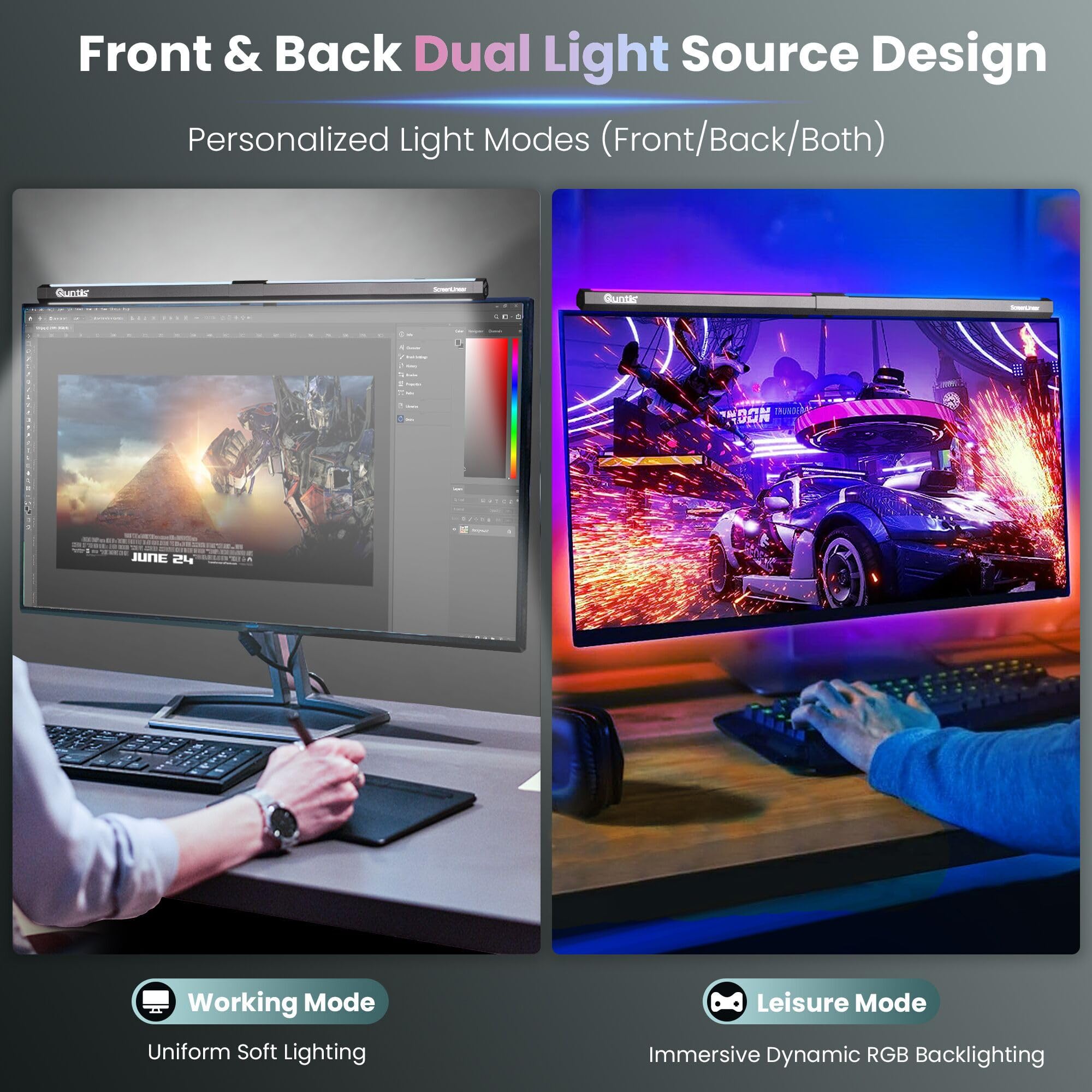 Quntis Monitor Light Rgb Backlight, Eye-Care Computer Light Bar Gaming Office Desk Lamp, 15 Modes Backlight, 3 Color Temperature & Brightness Dimmable Front Light, Ra95 Screen No Glare Monitor Lamp