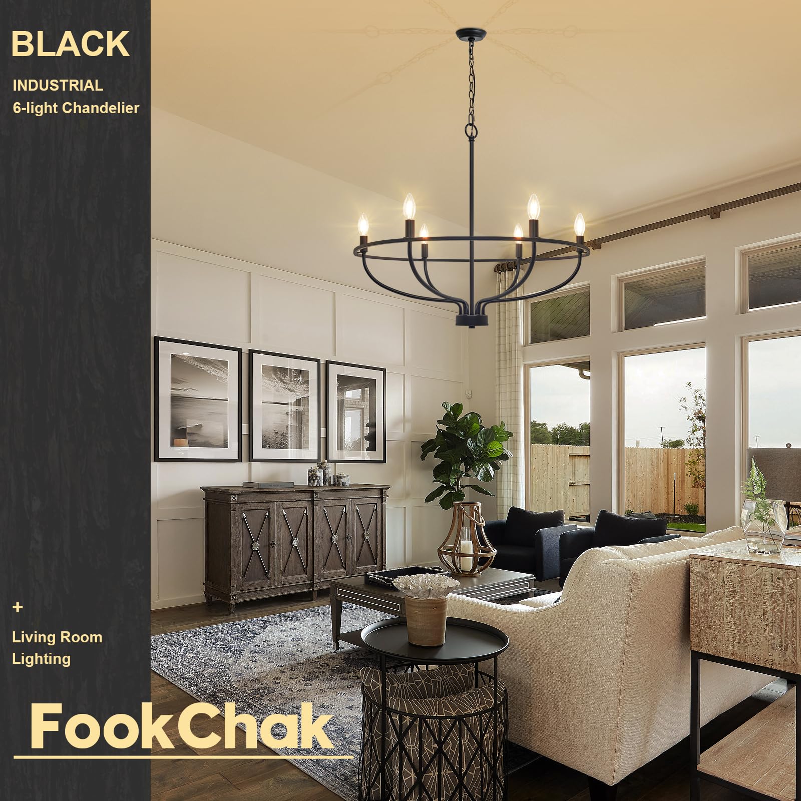 FookChak 6-Light Black Metal Chandelier - Farmhouse Candle Hanging Light Fixture for Dining Room, Kitchen, Bedroom, 28.54in