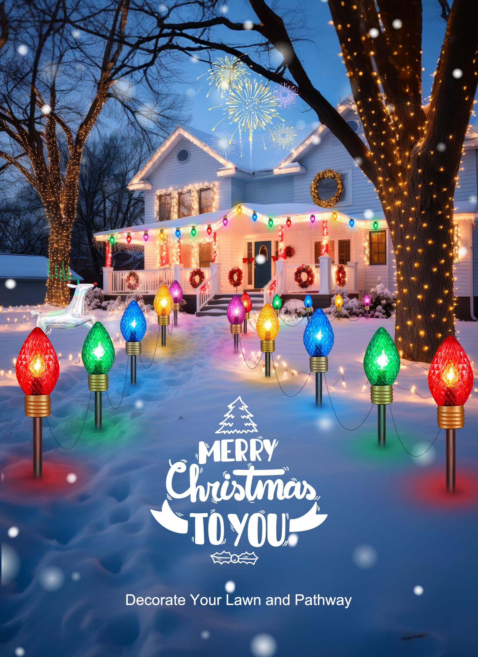 Brightown Jumbo C9 Christmas Pathway Lights - 2 Pack, 17 Feet, Multicolor LED Bulbs for Outdoor Holiday Decorations