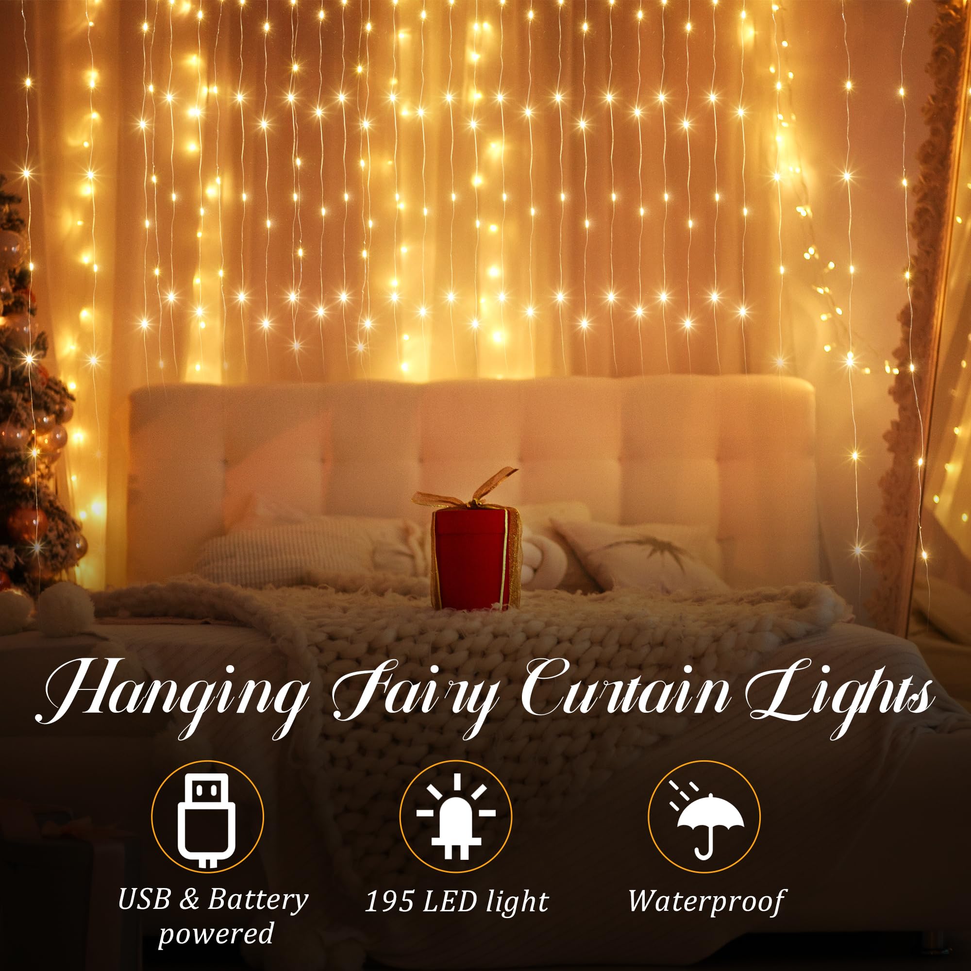 195 Led Curtain Tapestry Lights Backdrop String Lights, 6.5 X 5 Feet Hanging Fairy Curtain Lights With 8 Lighting Modes And Remote For Bedroom Window Wall Indoor Outdoor Graduation Decor(2)
