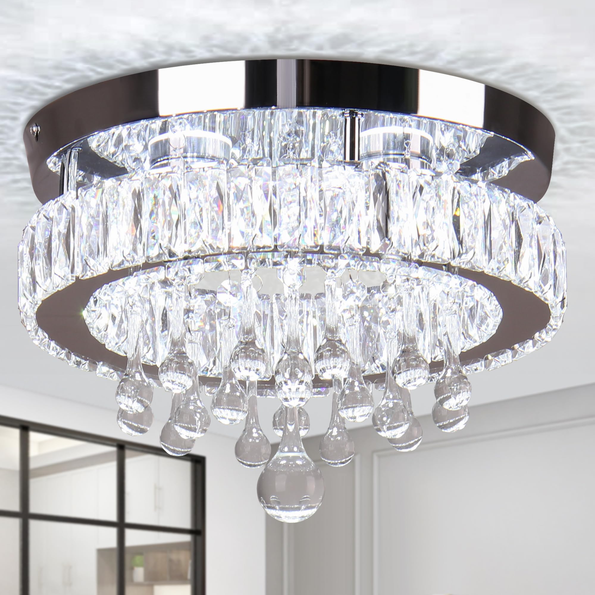 Ypqxyhda 11.8'' Crystal Chandeliers Flush Mount Chandelier Ceiling Light Fixture Modern Crystal Ceiling Light For Bedroom Living