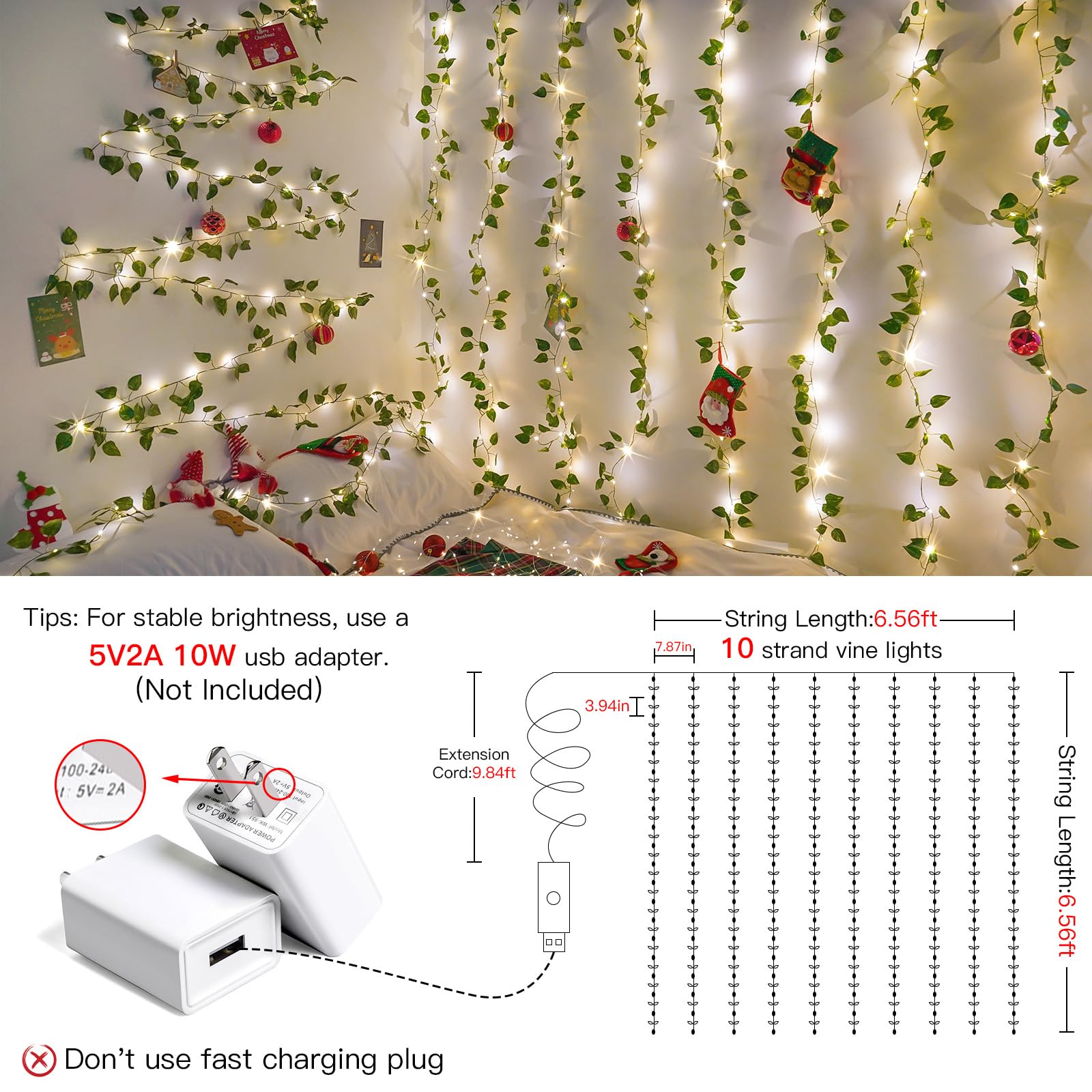 suddus 200 LED Fairy Lights with Vines, 6.5ft x 6.5ft, Pothos-Warm White, USB Powered, Model SDC-200PVCU