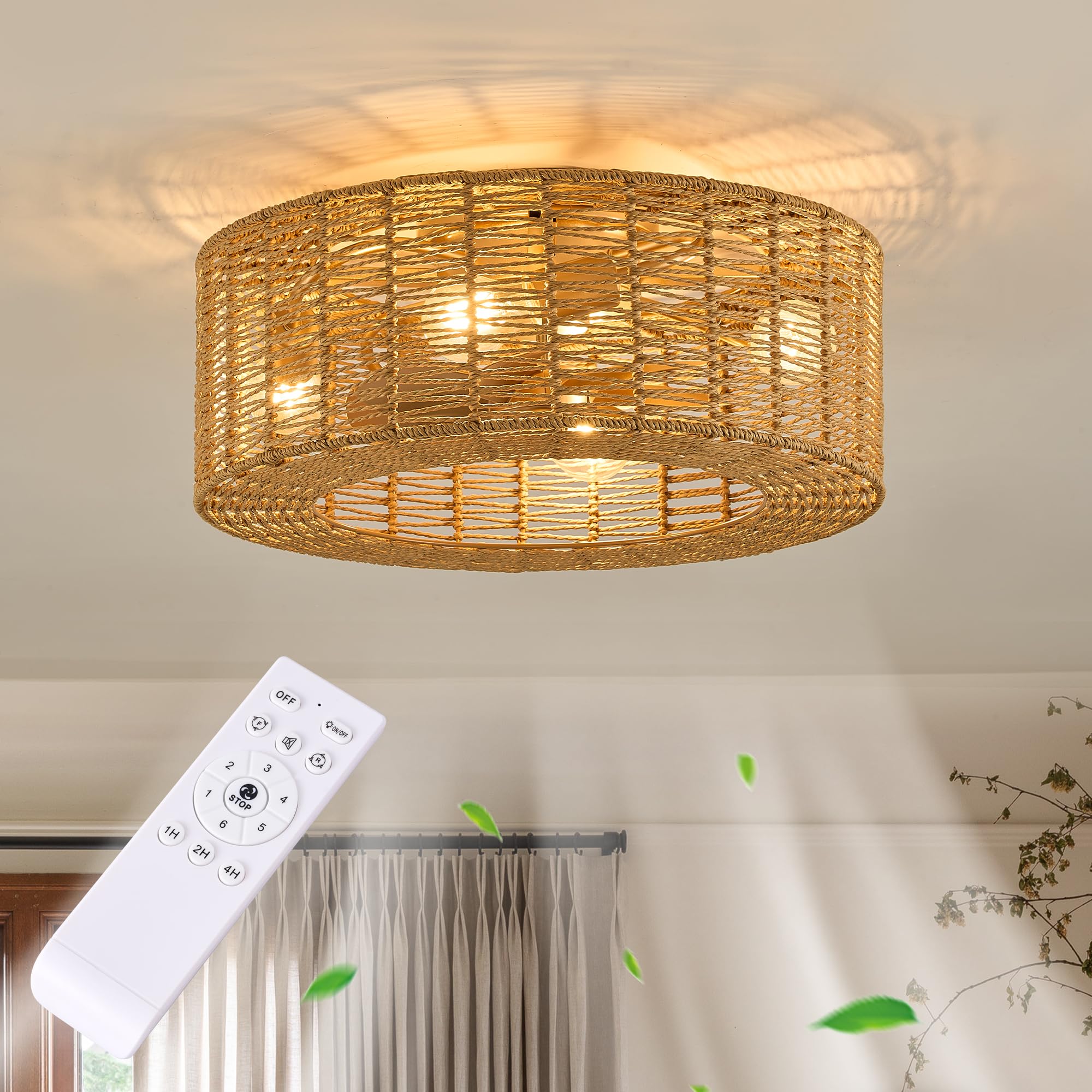 OPKMB Boho Caged Ceiling Fan with Light and Remote, 20-Inch Enclosed Rattan Fandelier, 6-Speed Reversible Flush Mount Farmhouse 