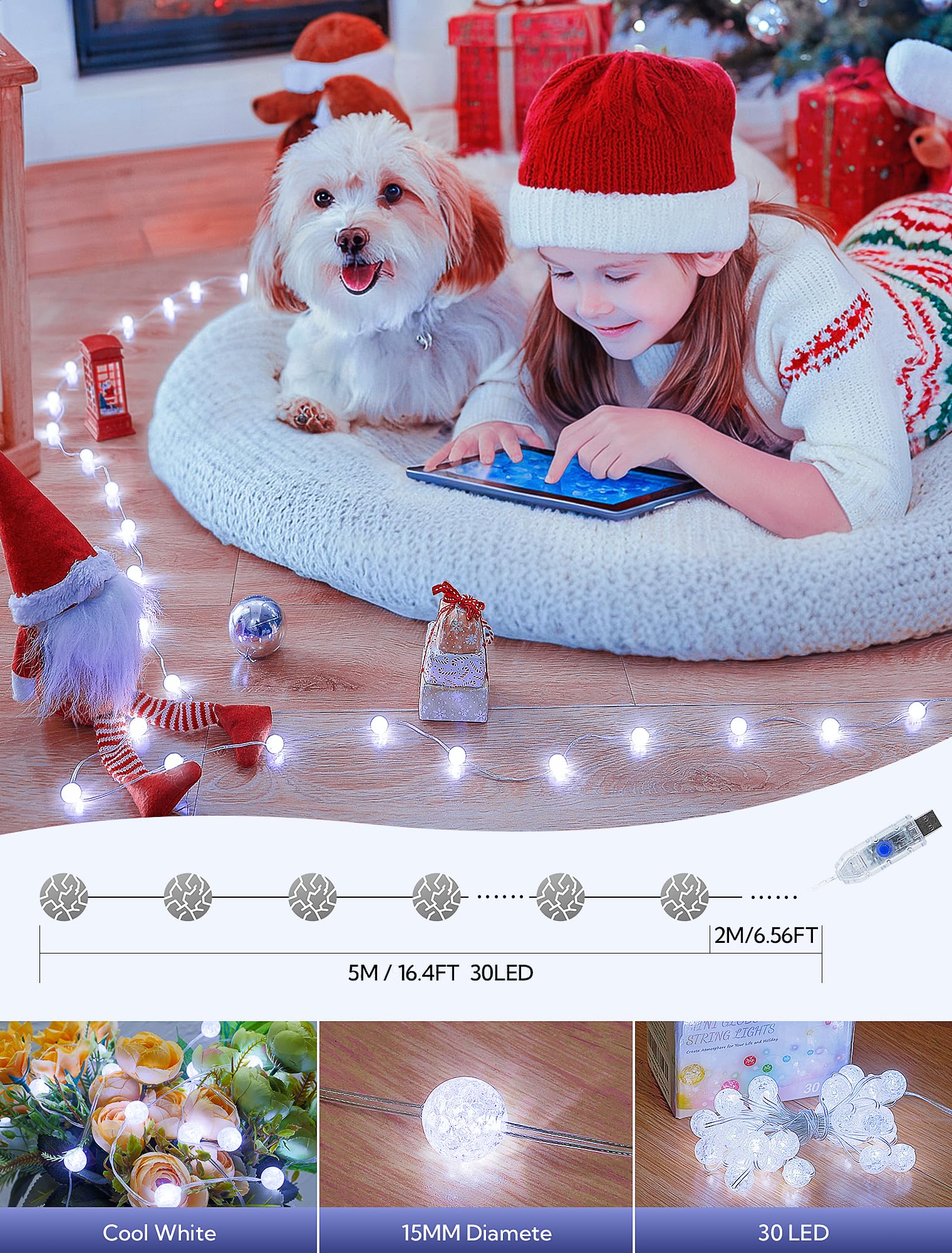 BEEWIN Globe String Lights, 10FT 30 LED Waterproof Fairy Lights, 8 Modes, White Decorative Lights for Indoor & Outdoor Use