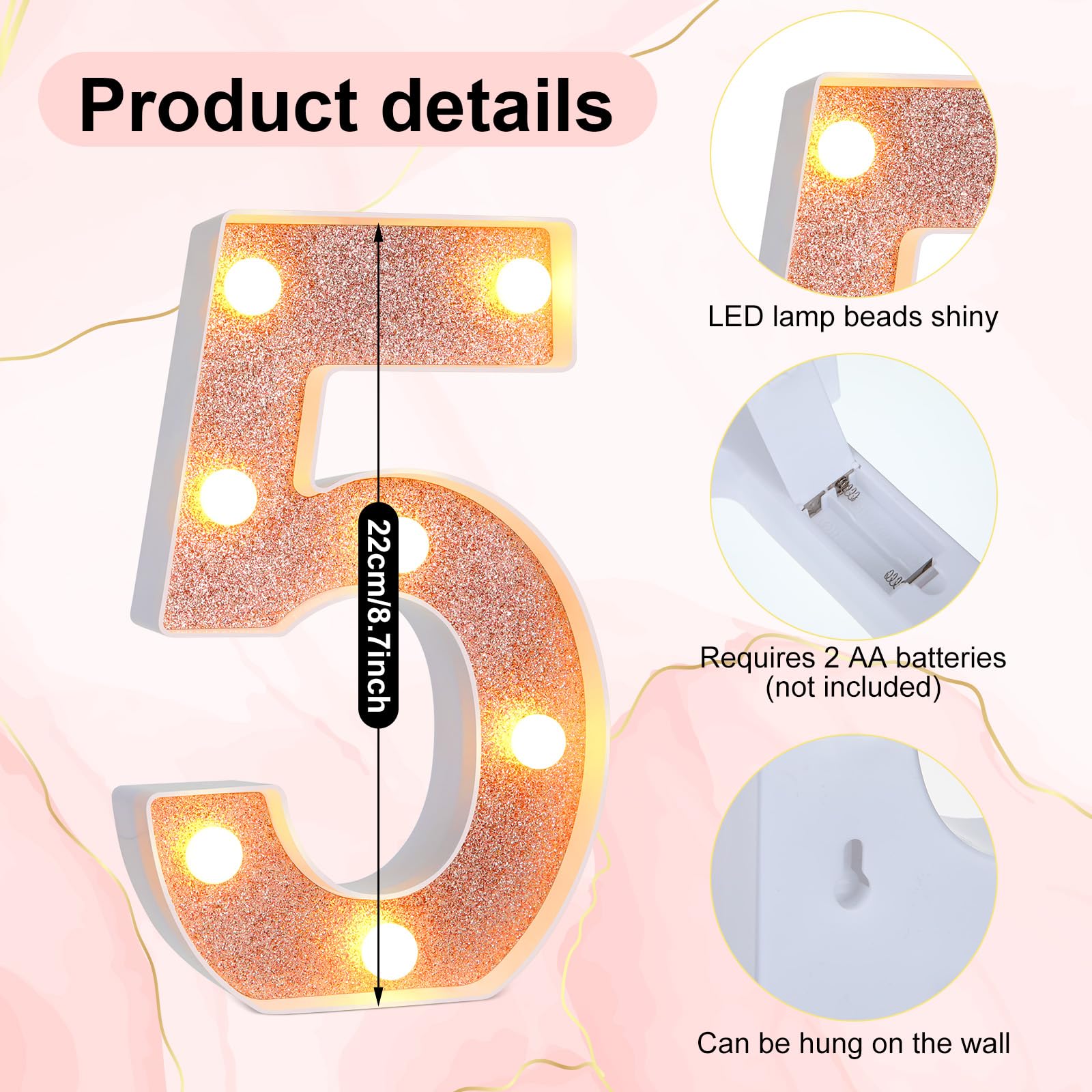 Treela LED Number Sign - 8.7'' Rose Gold Glitter for 50th Birthday Party Decorations, Marquee Light Up Centerpiece, Treela-Light-01