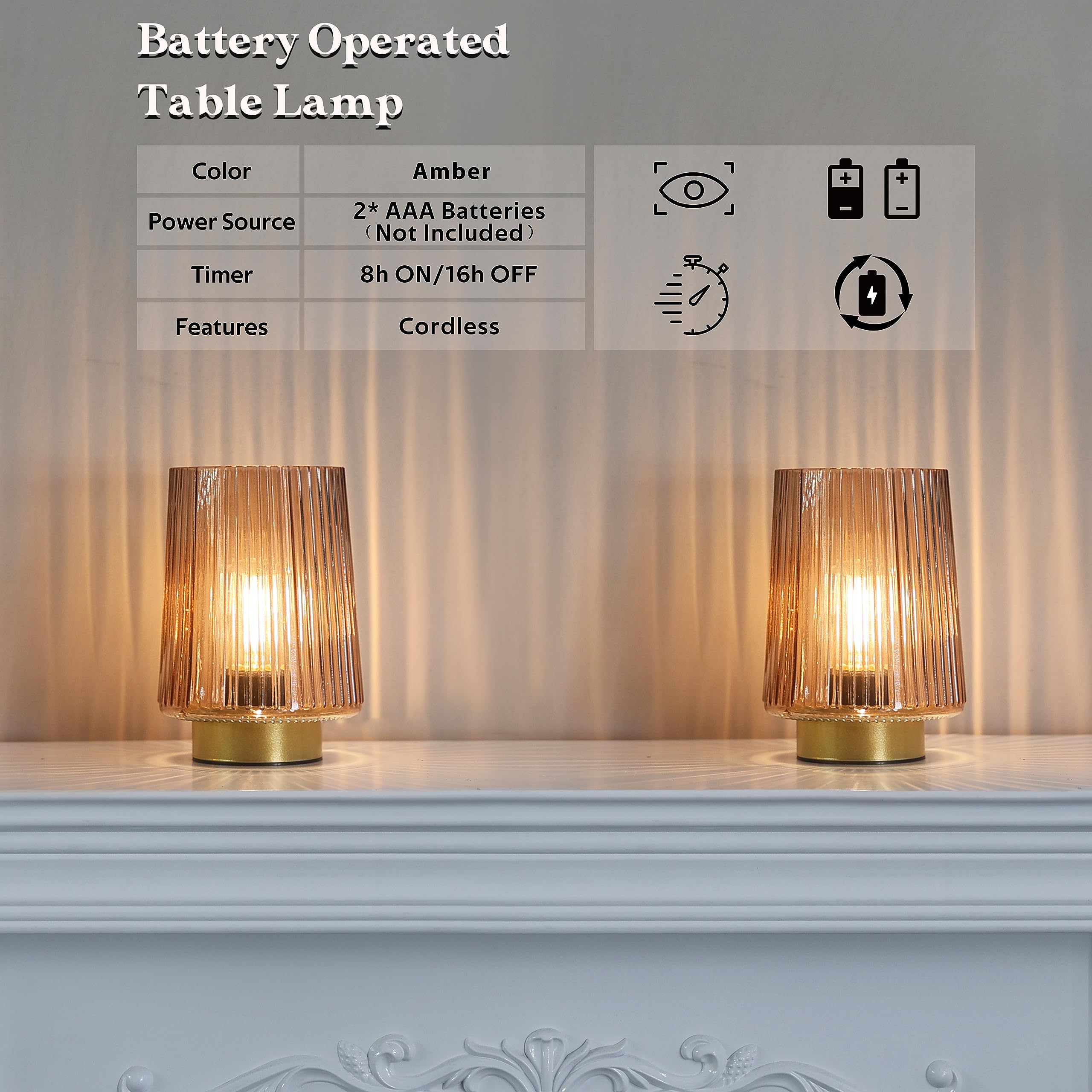 LUSHARBOR Battery Operated Table Lamp Set of 2, Amber Glass, Timer, Cordless Decorative Lamp for Bedside Living Room